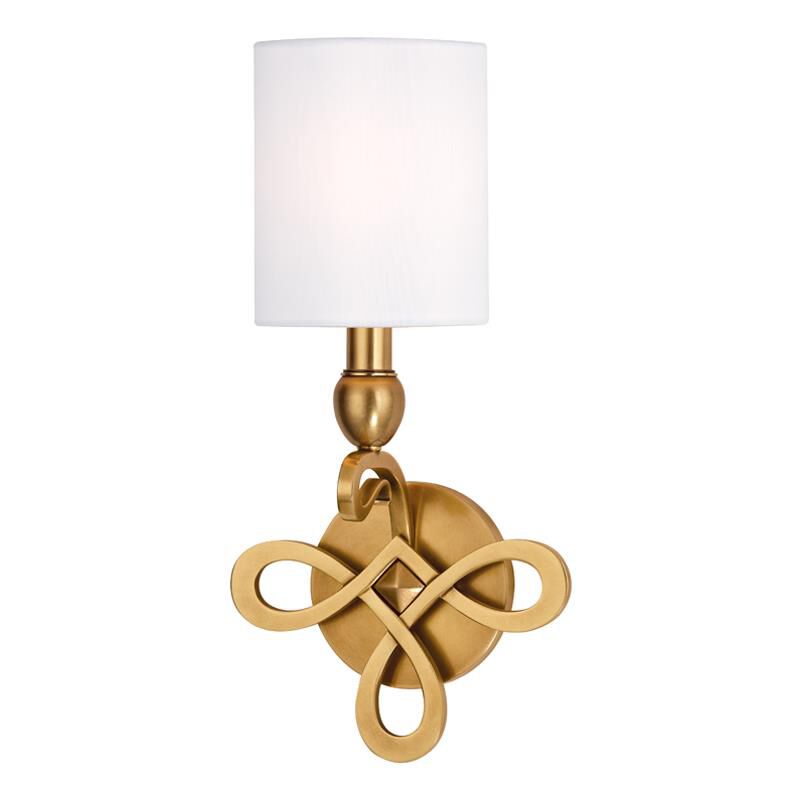 Shown in Aged Brass finish and White Faux Silk shade