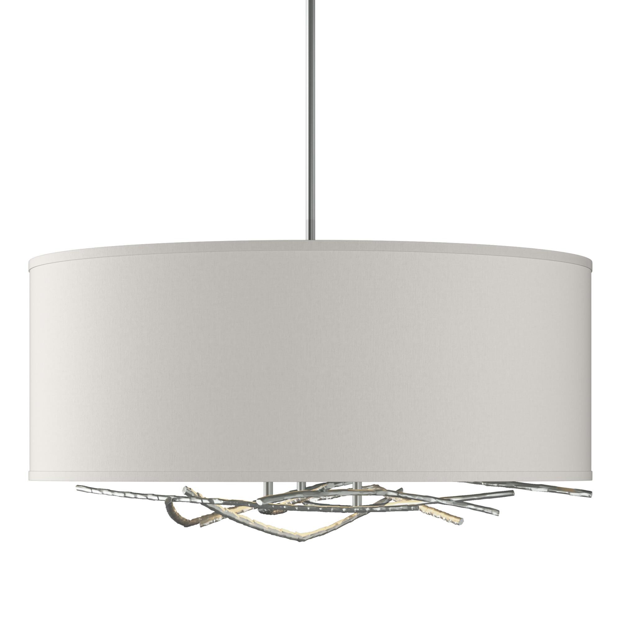 Shown in Vintage Platinum finish and Beige Fabric shade
