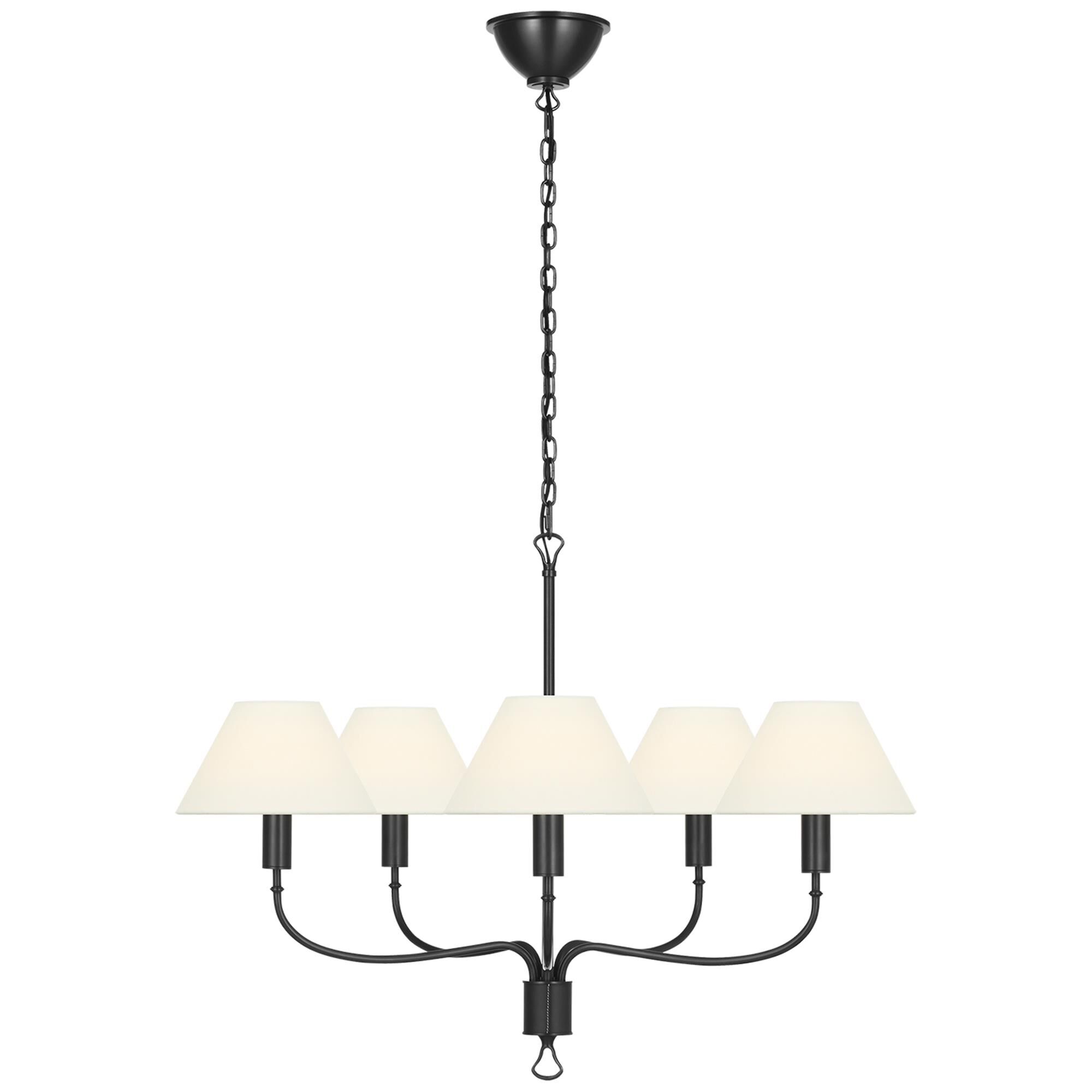 Shown in Bronze and Chocolate Leather finish and Linen shade