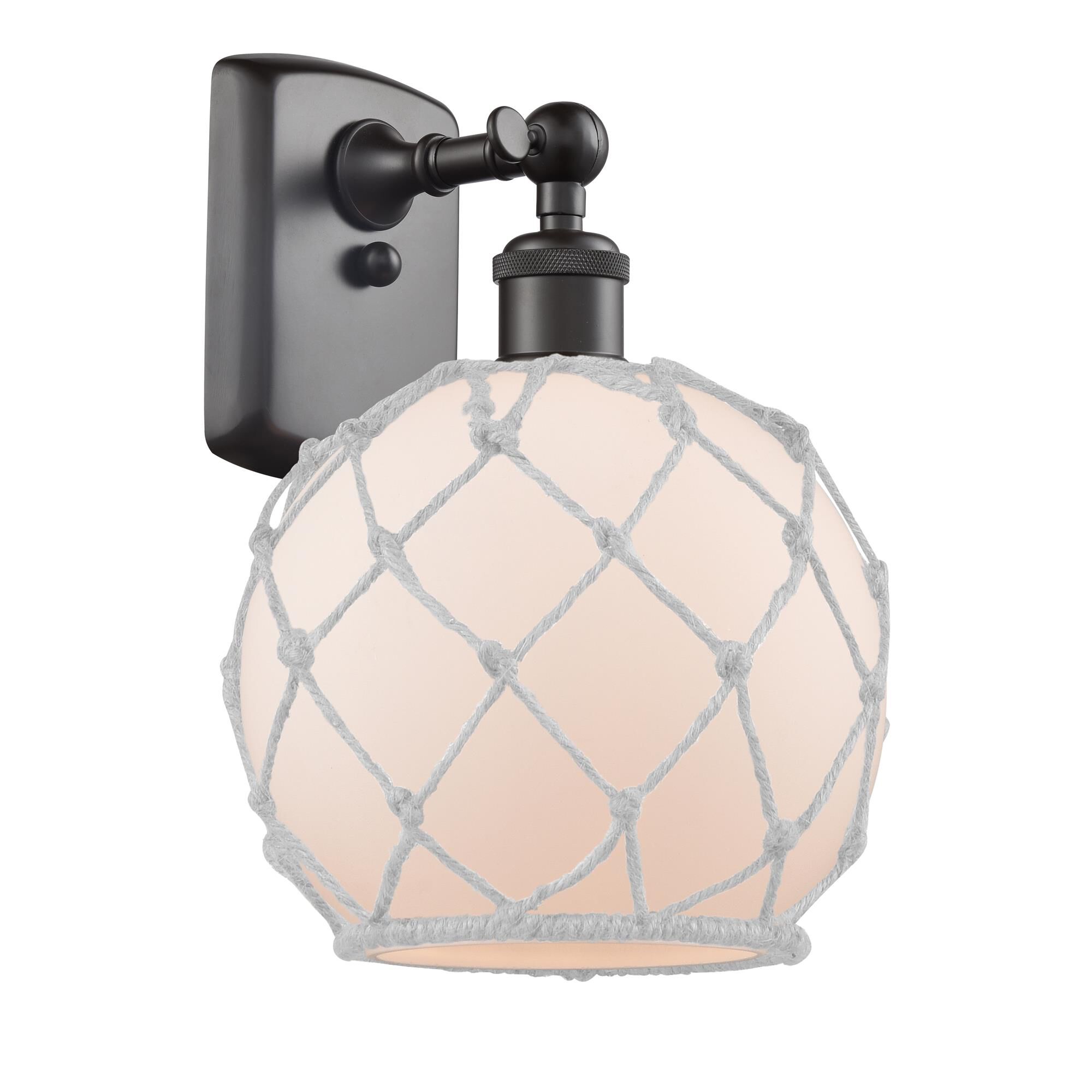 Shown in Oil Rubbed Bronze finish and White With White Rope glass