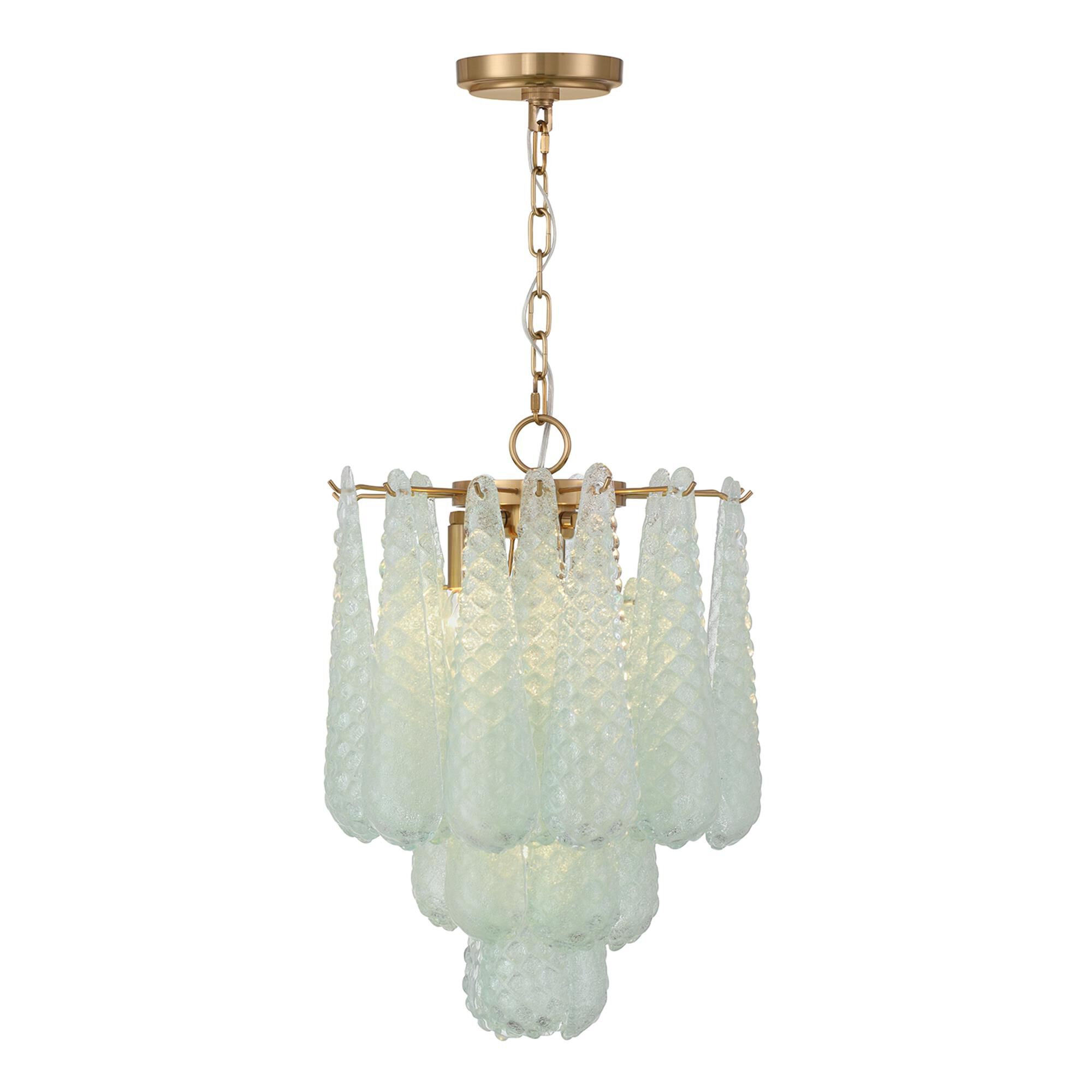 Shown in Aged Brass finish and Sand Green glass