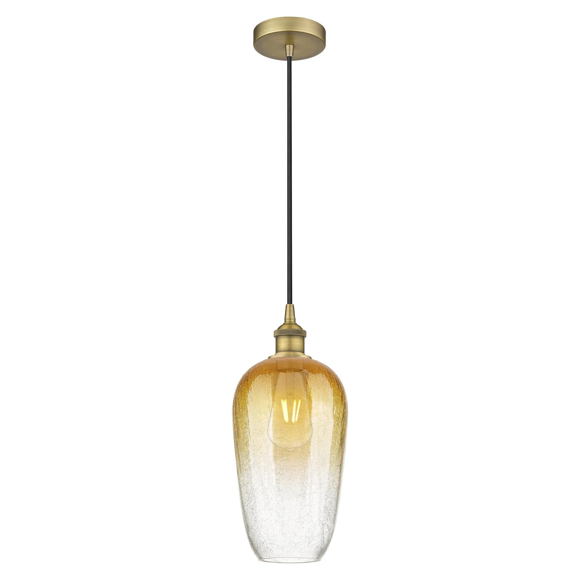 Shown in Brushed Brass finish and Amber glass