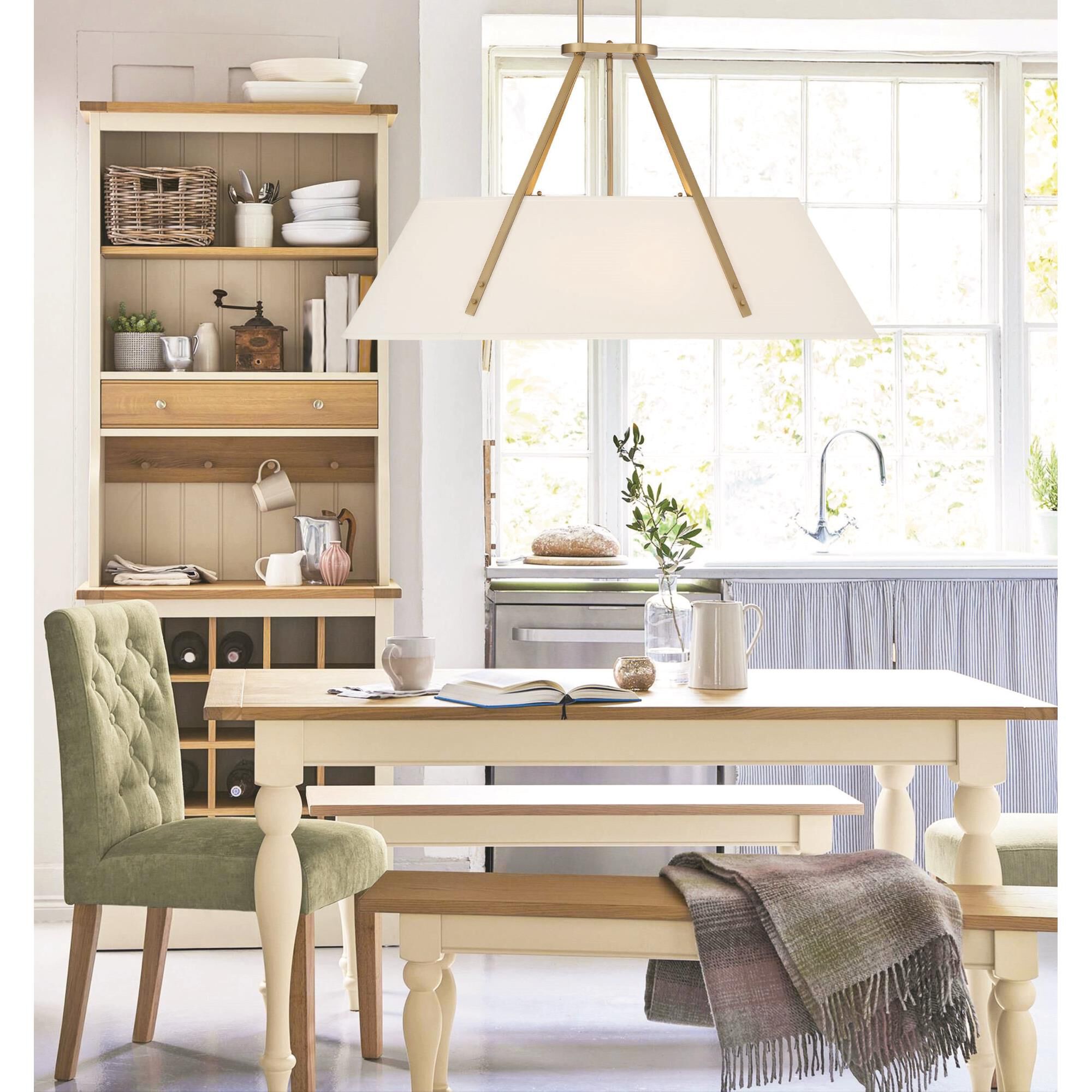 Shown in Warm Brass finish and White Fabric shade