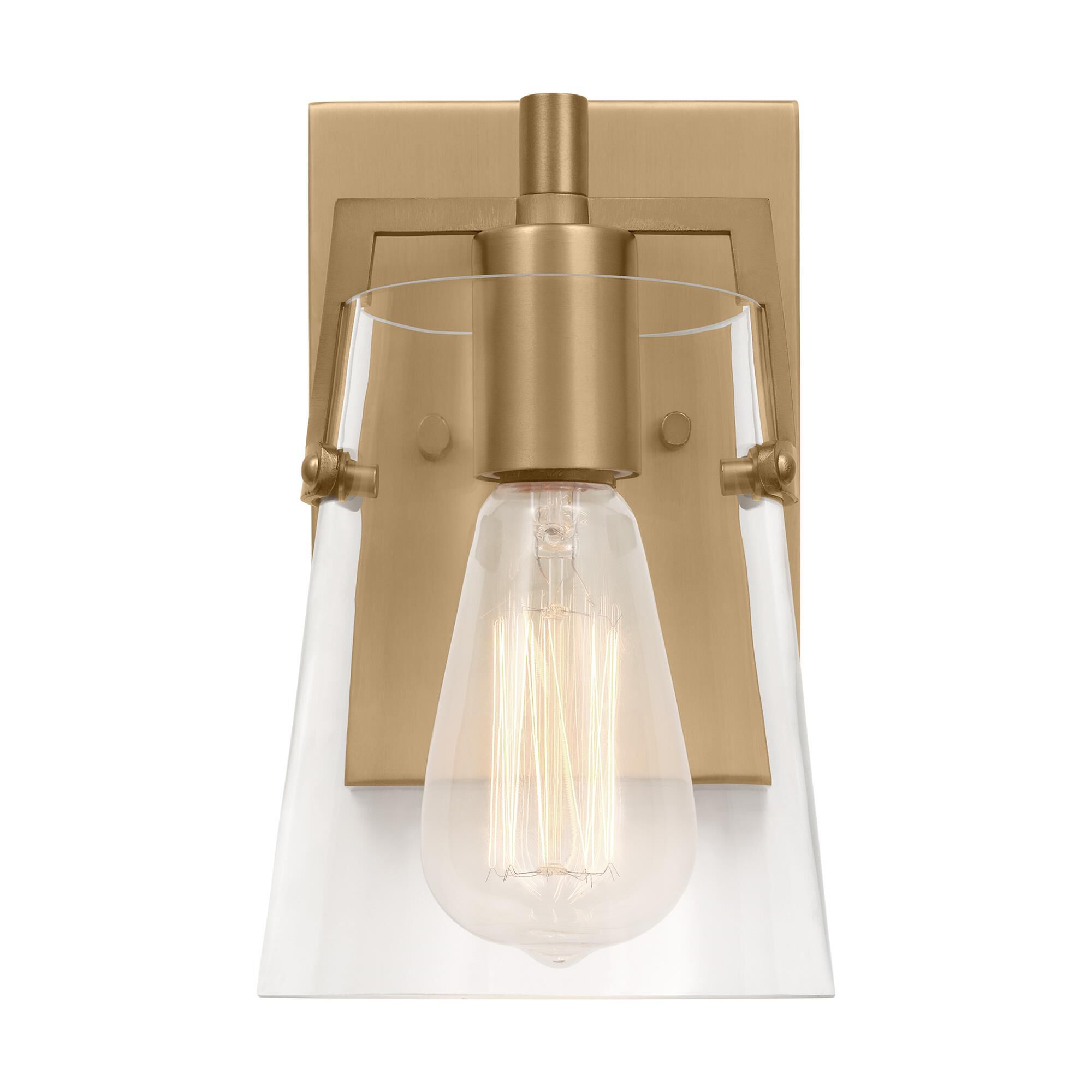 Shown in Satin Brass finish and Clear Glass shade