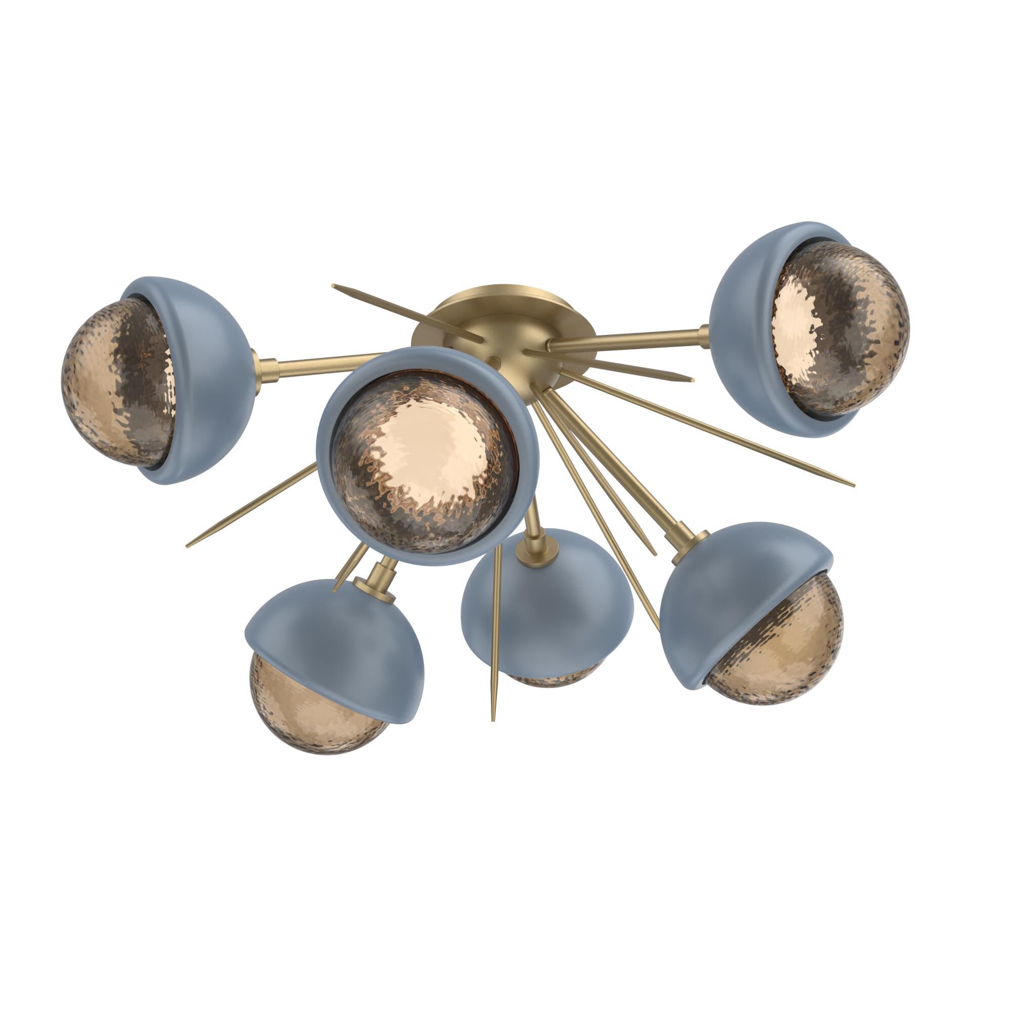 Shown in Gilded Brass finish and Bronze glass and Poppy Blue accent