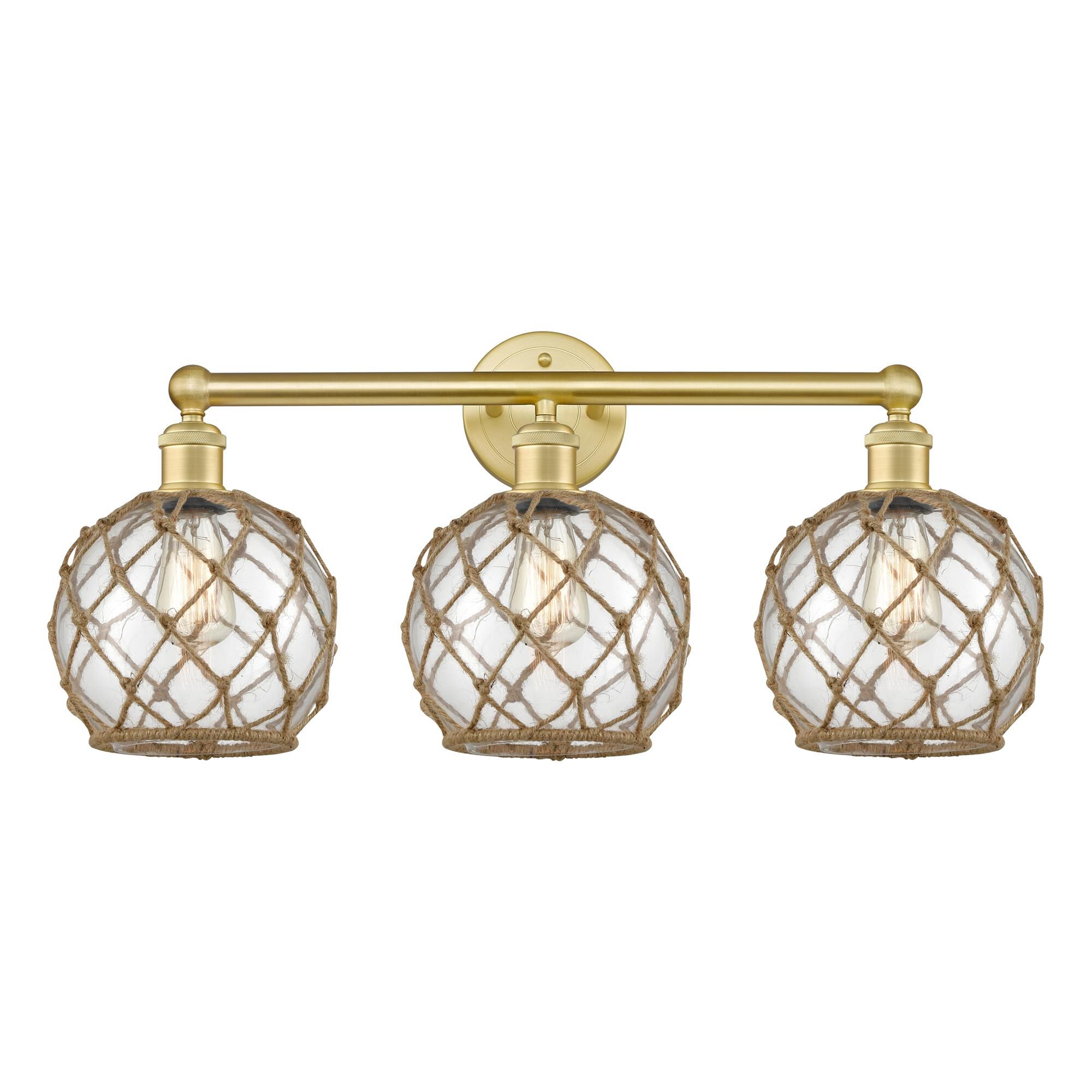 Shown in Satin Gold finish and Clear with Brown Rope glass