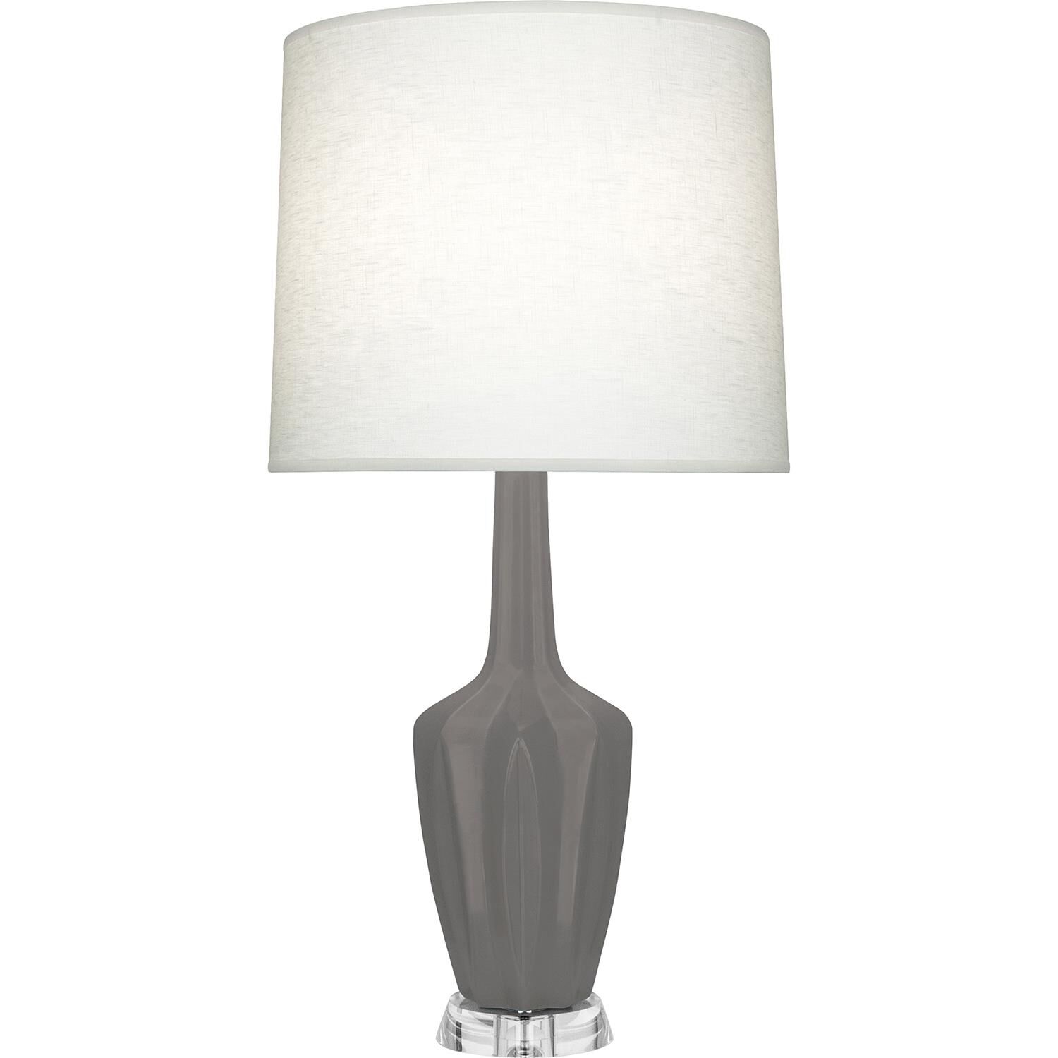 Shown in Matte Smokey Taupe finish and Off White shade and Polished Nickel with Lucite accent