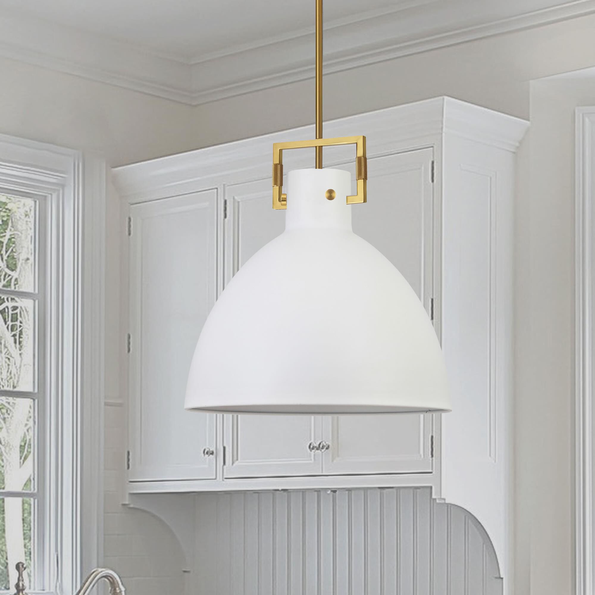 Shown in Matte White and Aged Brass finish and Matte White Metal Dome shade