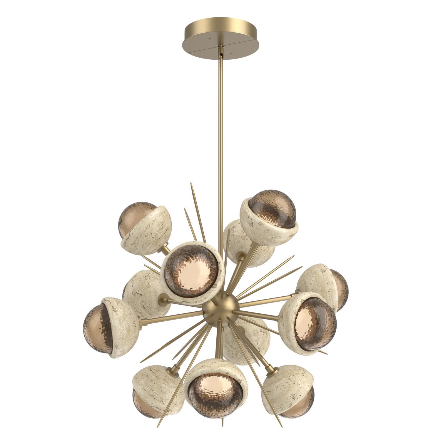 Shown in Gilded Brass finish and Bronze glass and Travertine Stone accent
