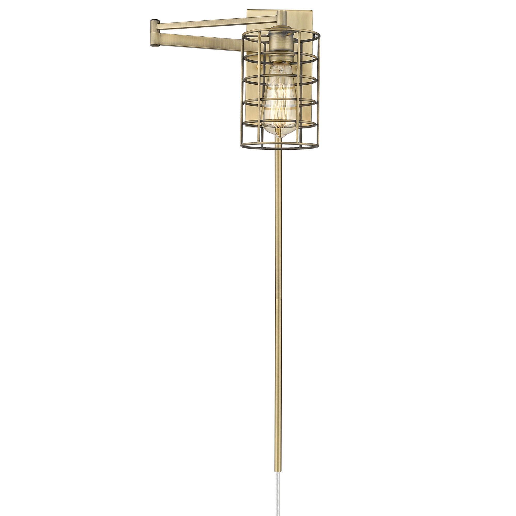 Shown in Aged Brass finish and Aged Brass glass and Aged Brass, Cylindrical Metal Cage shade