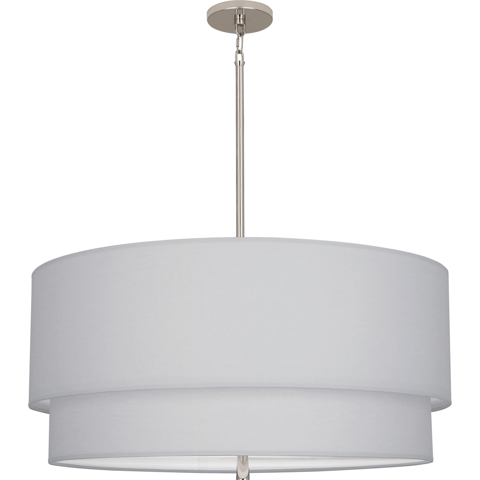 Shown in Polished Nickel Finish finish and Polished Nickel Finish glass and Pearl Gray Fabric shade