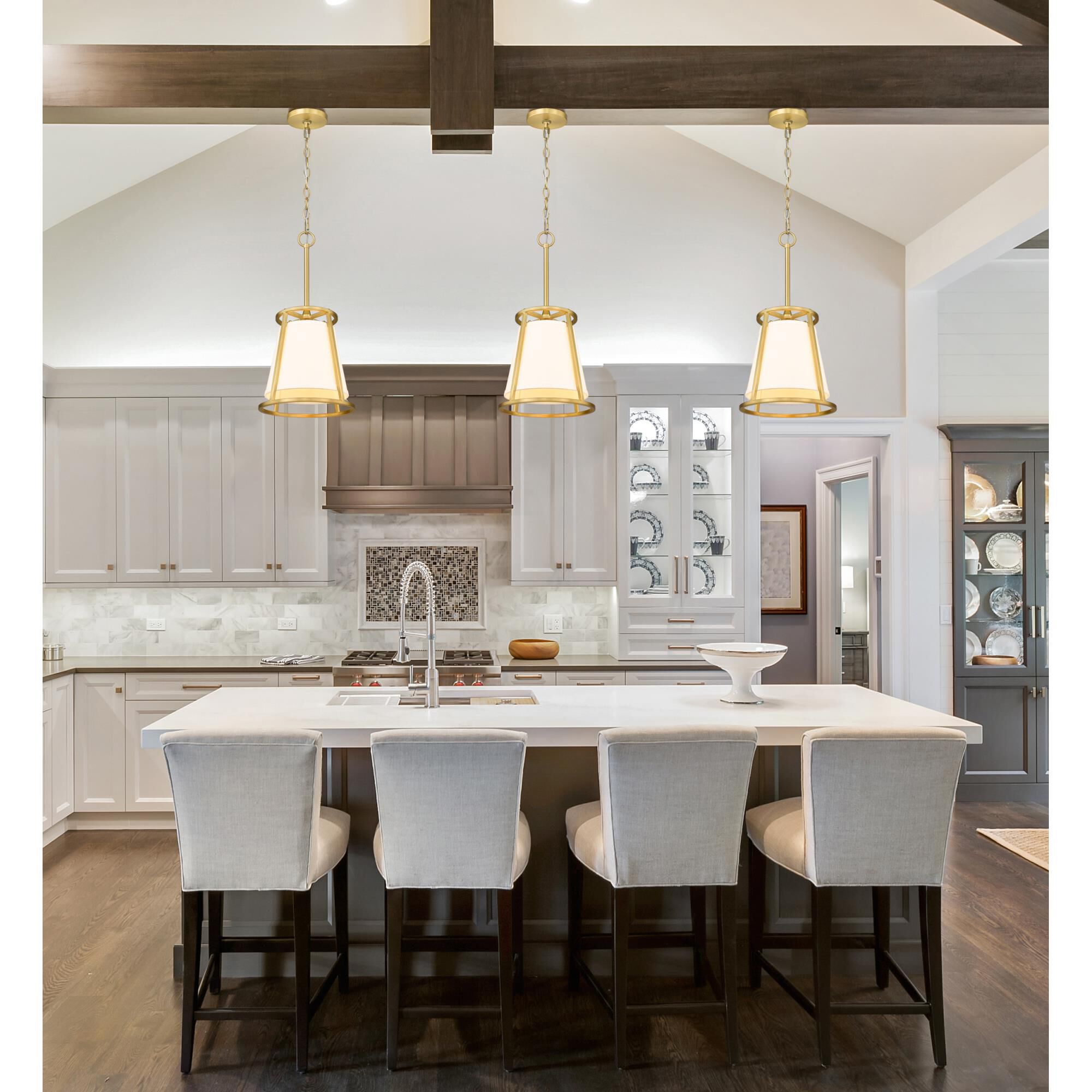 Shown in Rubbed Brass finish and White Fabric shade