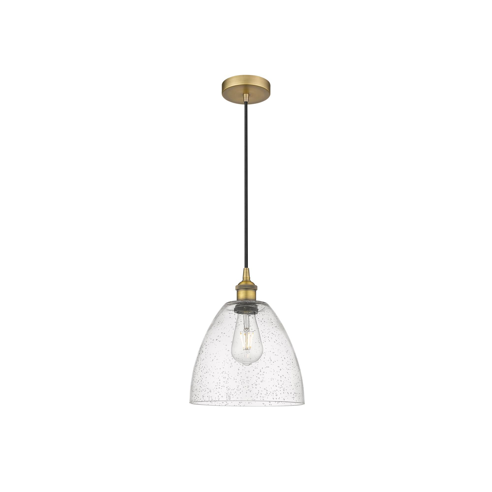 Shown in Brushed Brass finish and Seedy Edison Dome glass