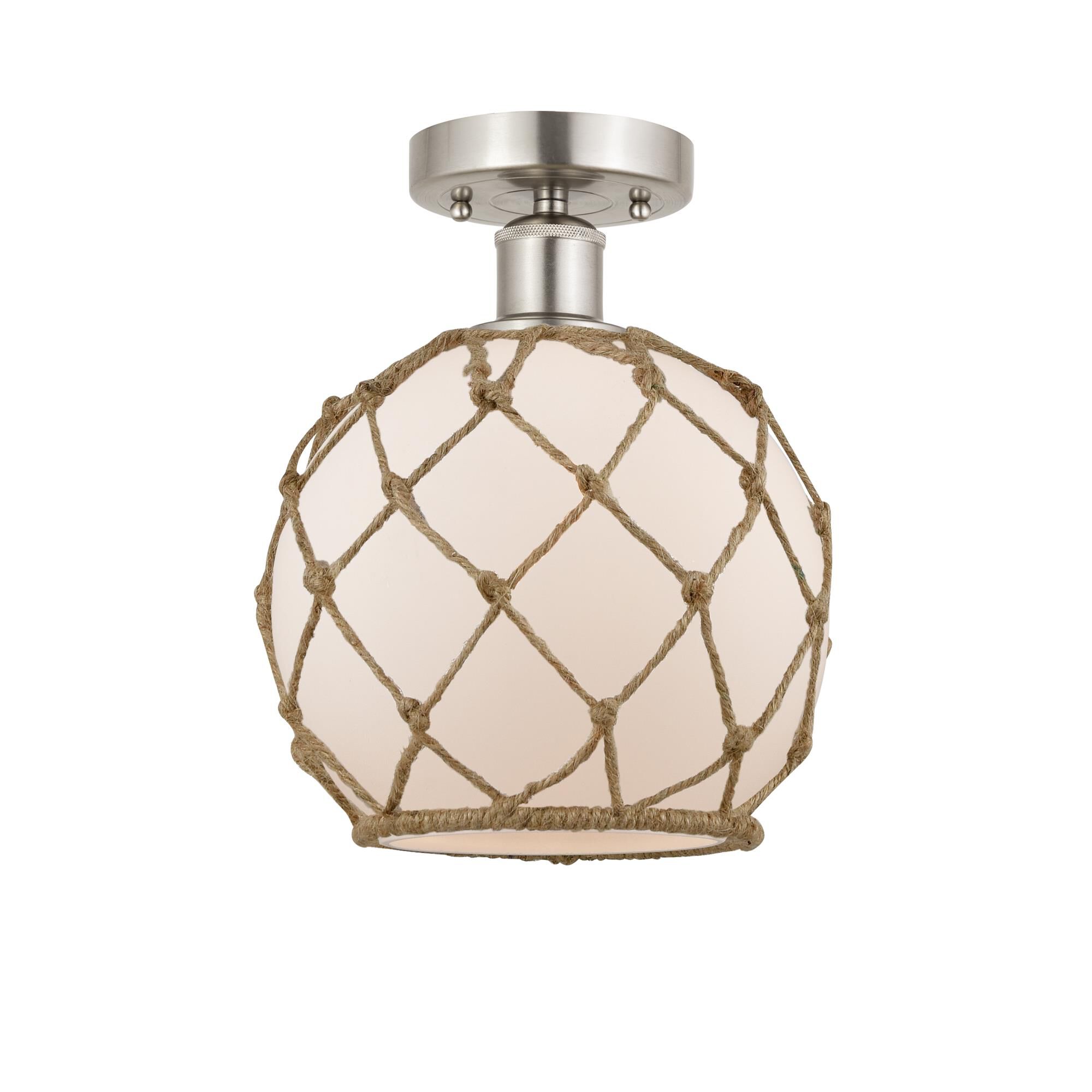Shown in Brushed Satin Nickel, White Glass With Brown Rope finish and White glass and White Glass With Brown Rope Glass And Rope shade