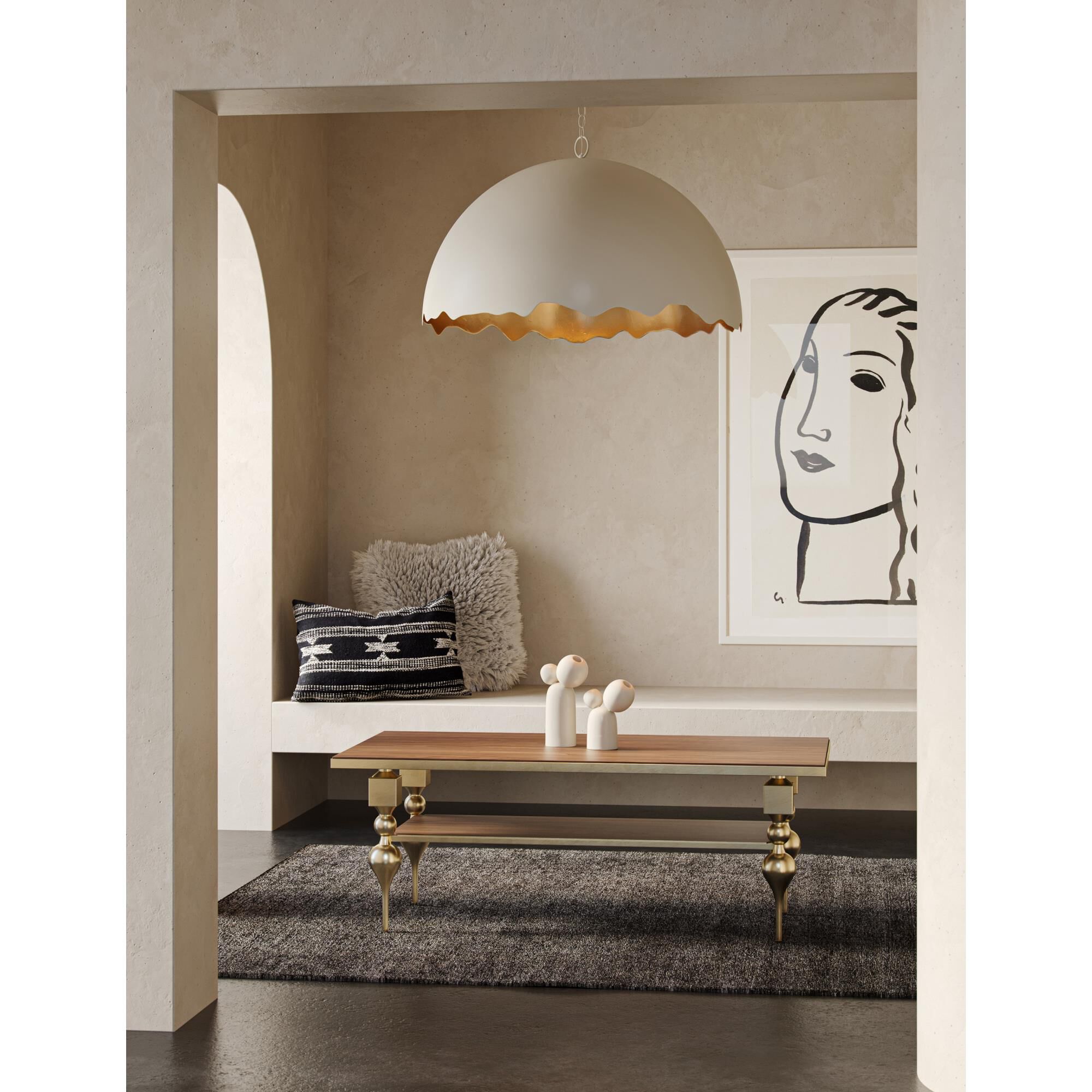 Shown in Brushed Brass, Walnut finish