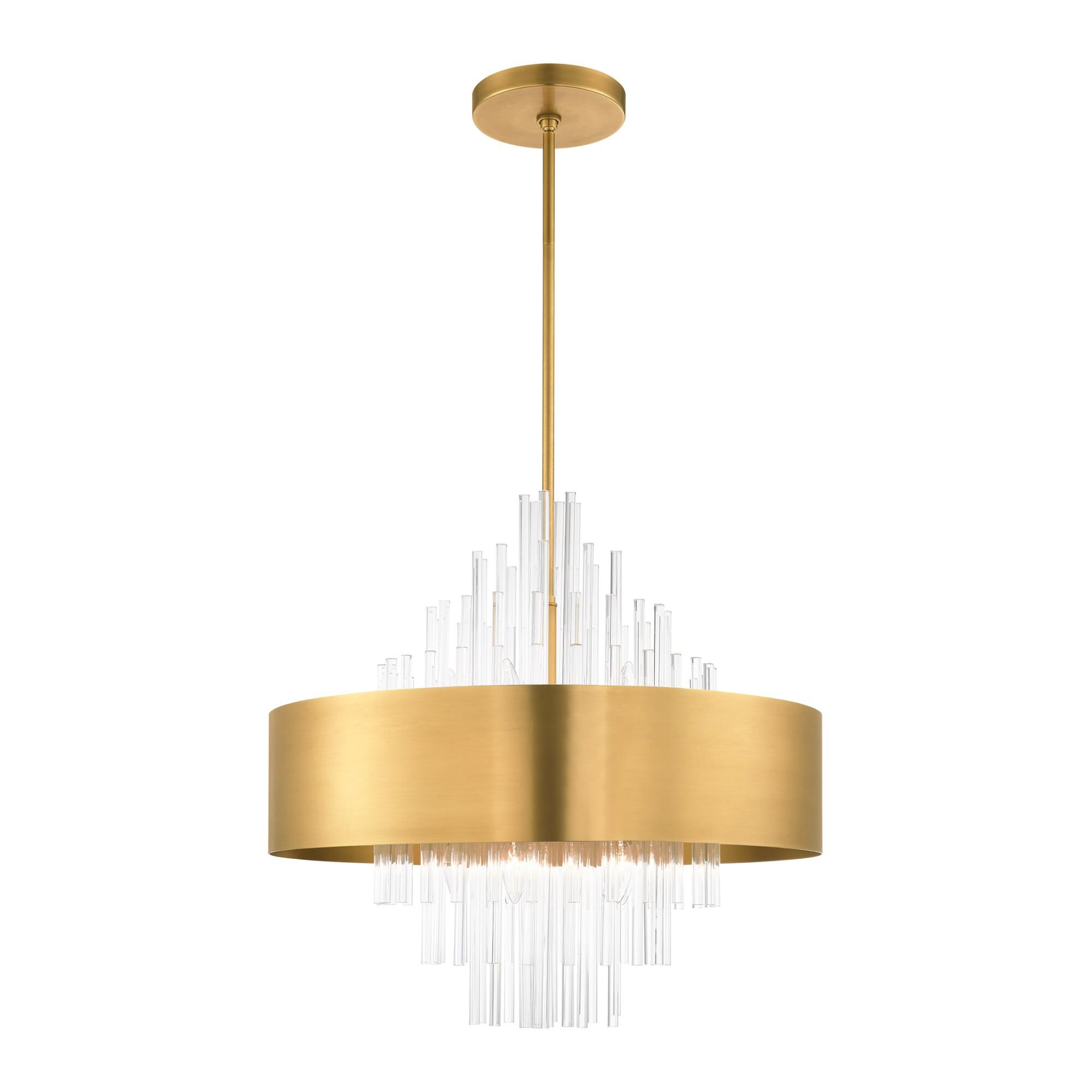 Shown in Natural Brass finish and Natural Brass Drum Shade With Clear Crystal Rods glass and Natural Brass Drum  With Clear Crystal Rods shade