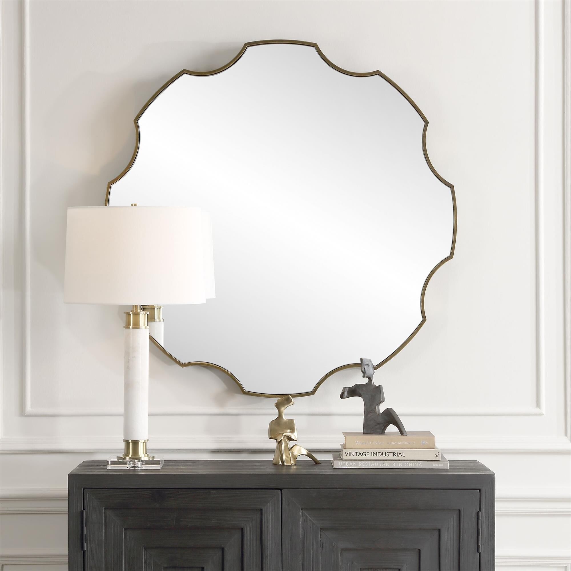 Shown in Our Gear-Shaped Mirror Boast An Iron Frame With A Channeled Side And A Richly Antiqued Golden Bronze finish