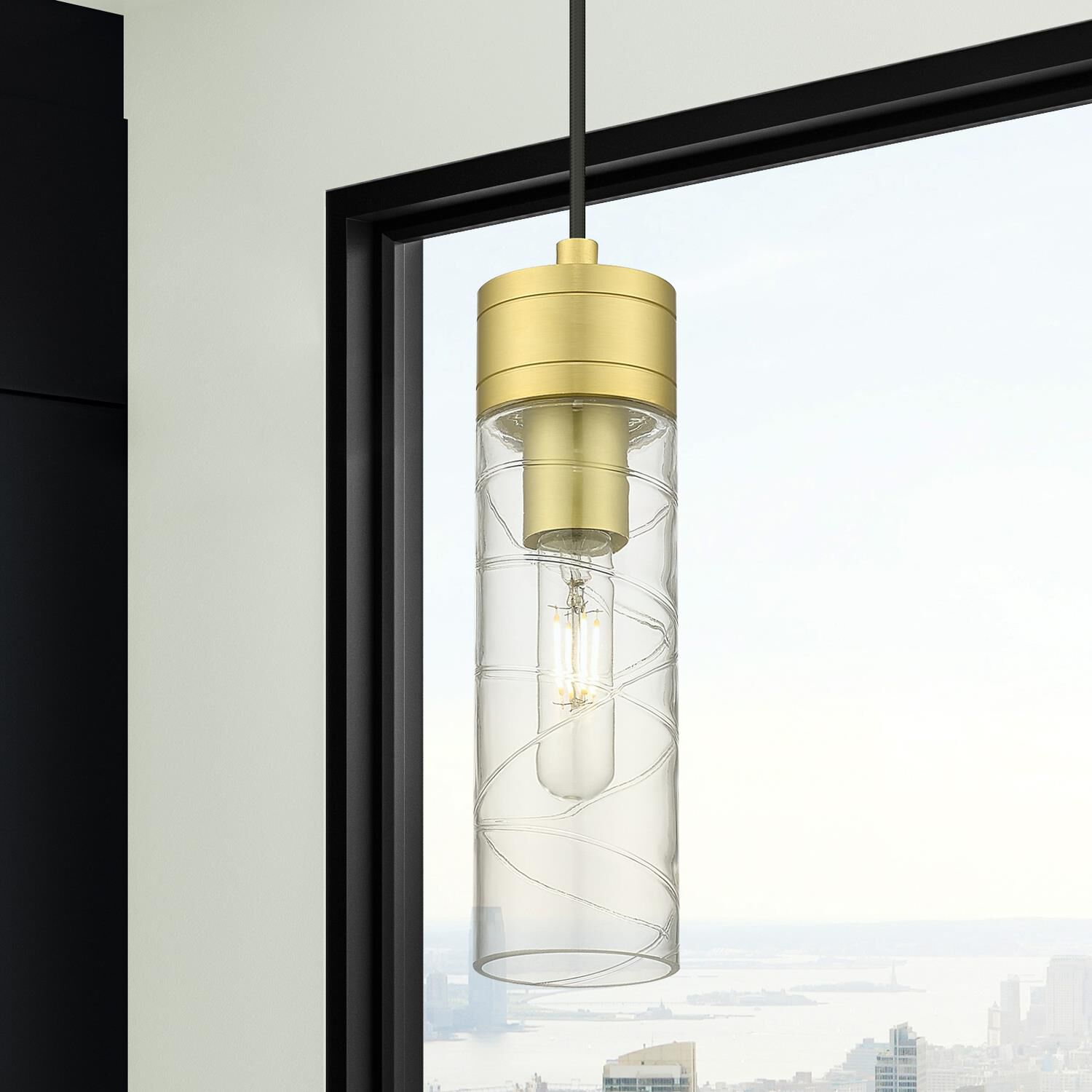 Shown in Satin Gold finish and Deco Swirl glass