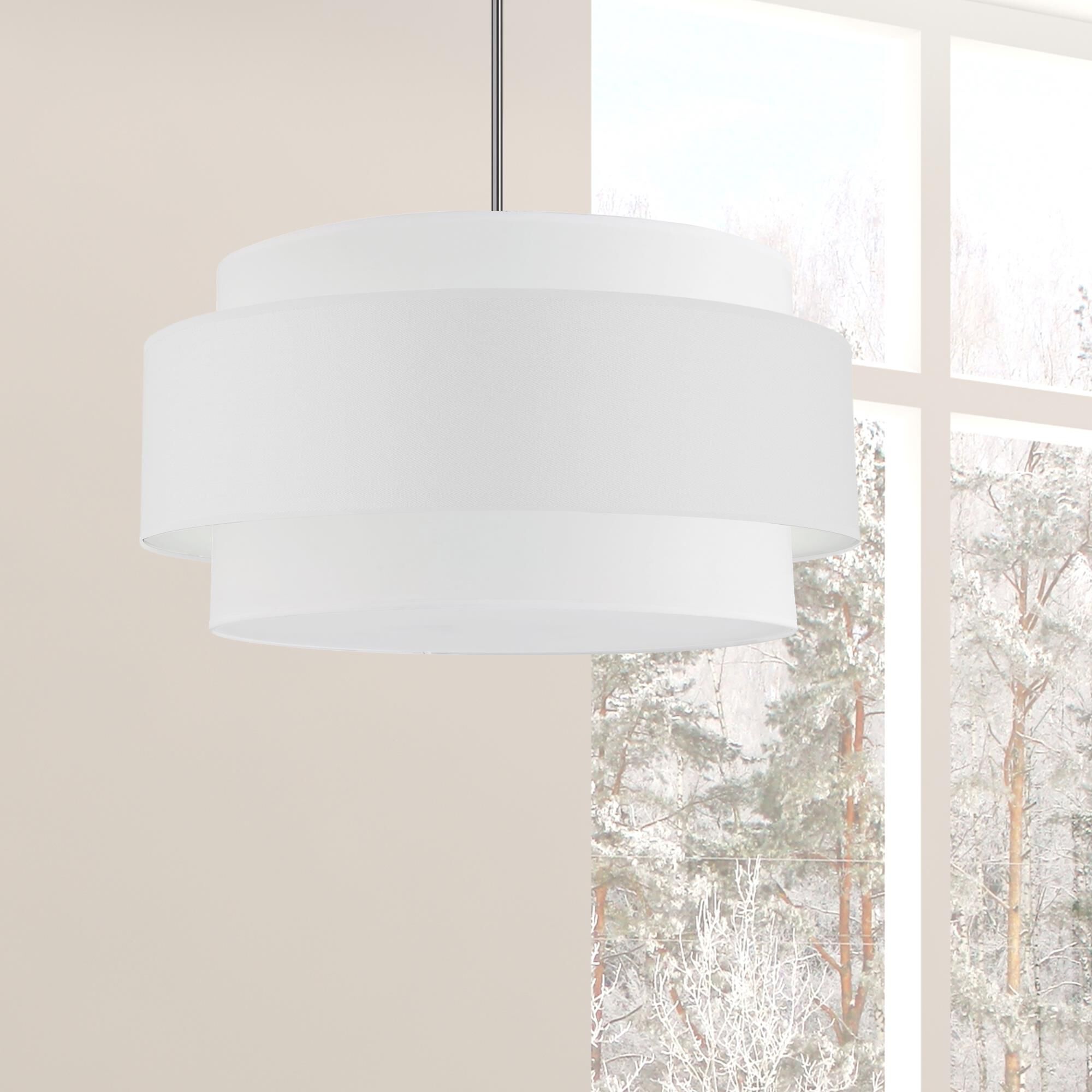 Shown in White and Polished Chrome finish and White Fabric Drum shade