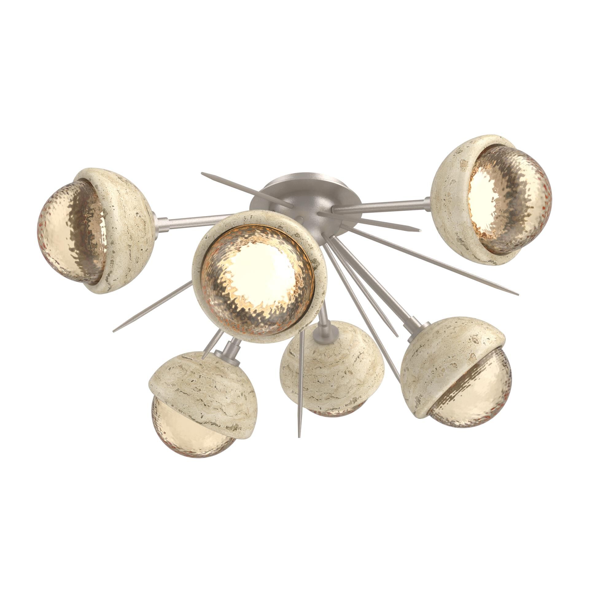 Shown in Beige Silver finish and Amber glass and Travertine Stone accent