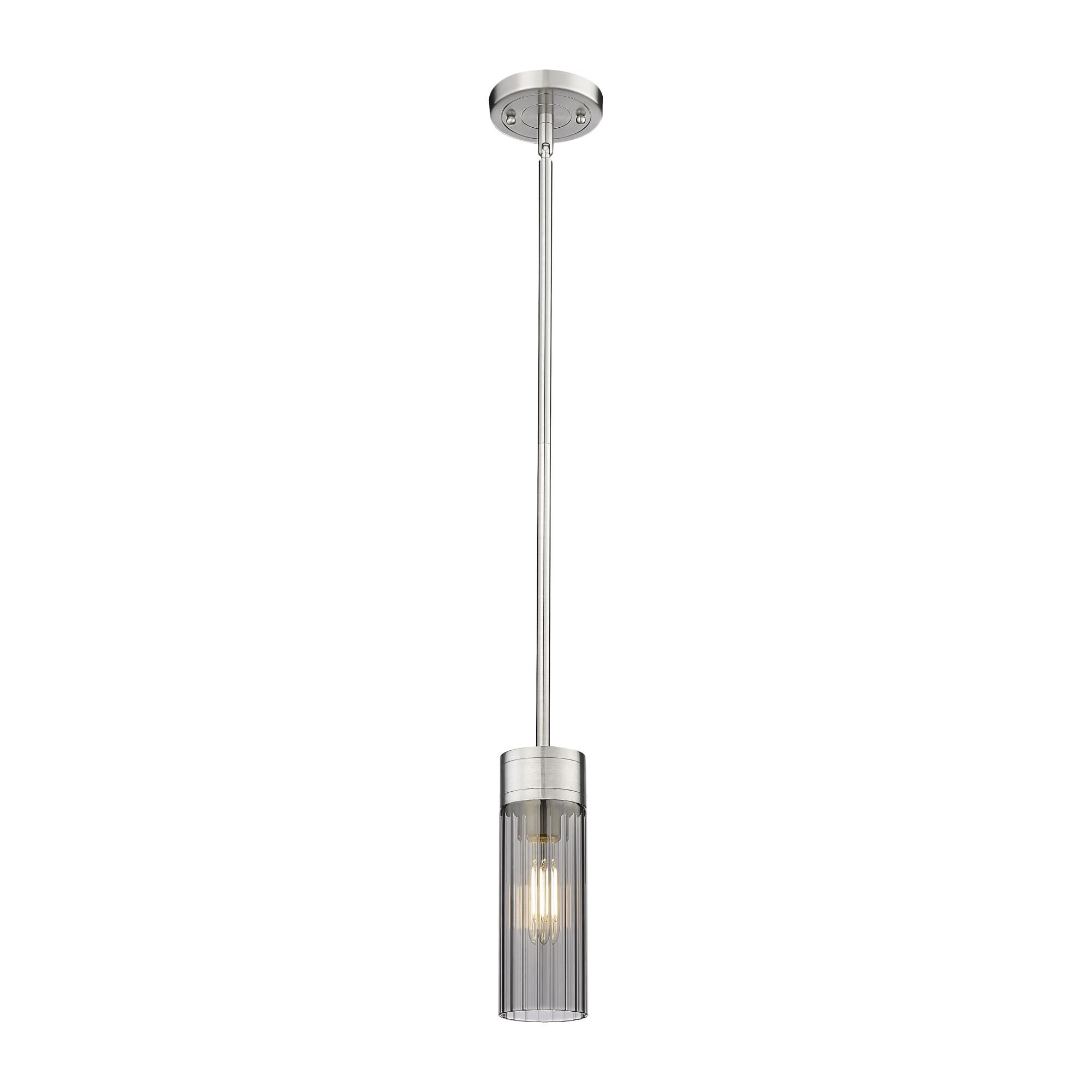 Shown in Satin Nickel finish and Plated Smoke glass and Plated Smoke Glass shade