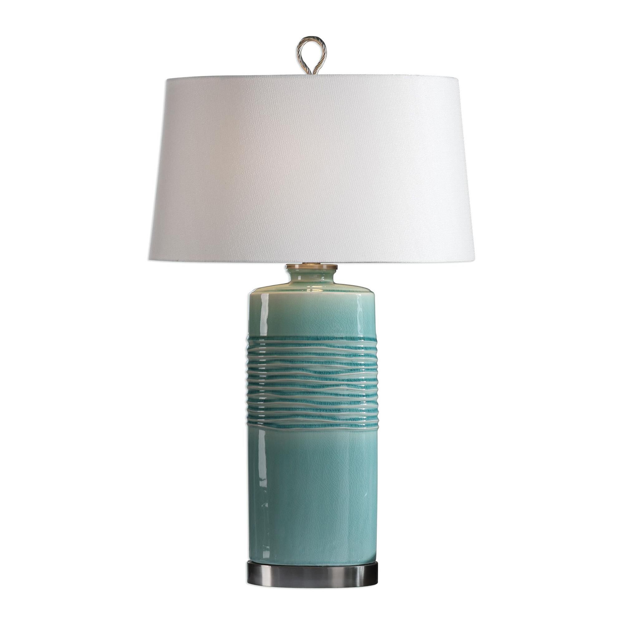 Shown in Distressed Teal Glaze-Brushed Nickel finish and Off-White Linen Hardback Fabric shade