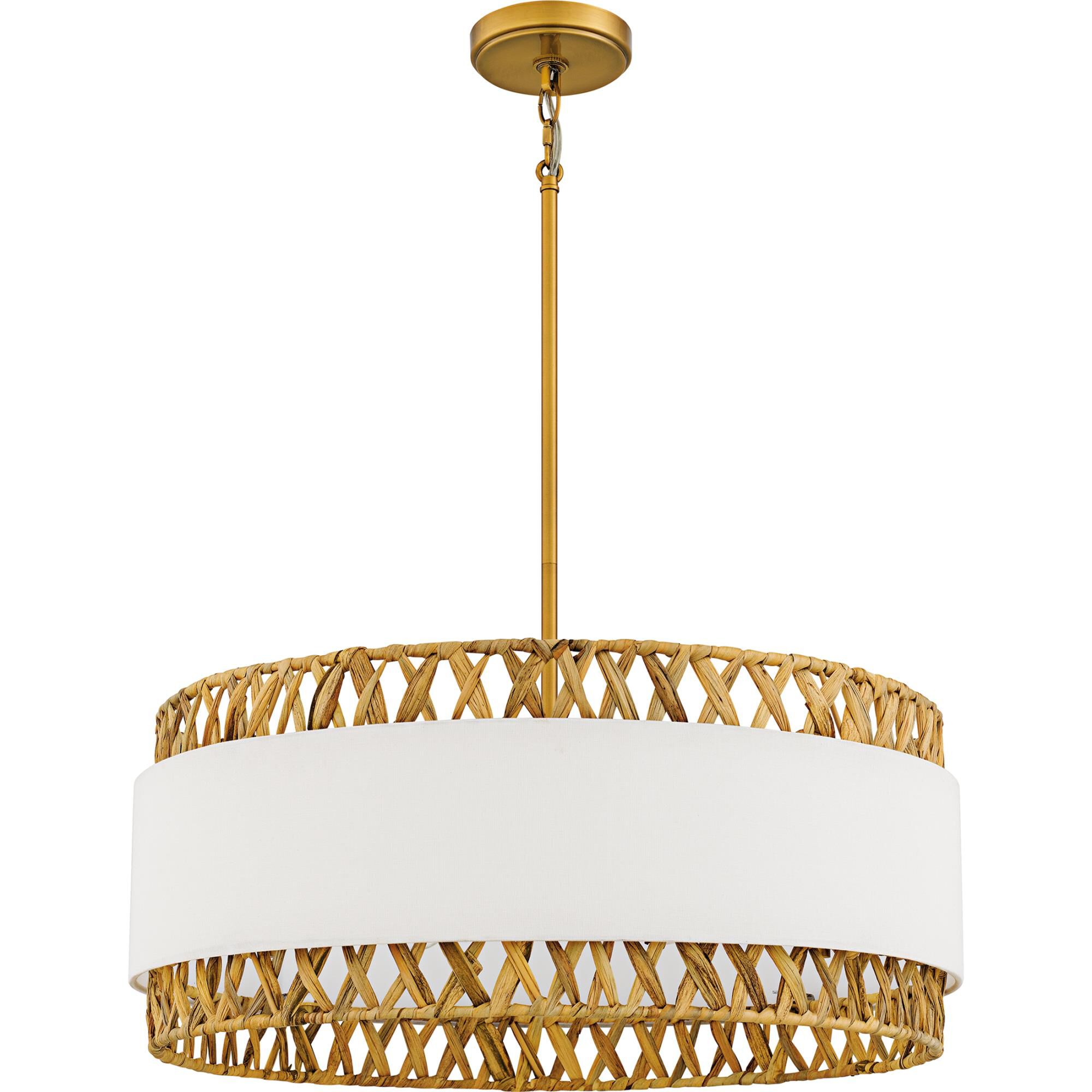 Shown in Brushed Gold finish and White Linen And Rattan shade
