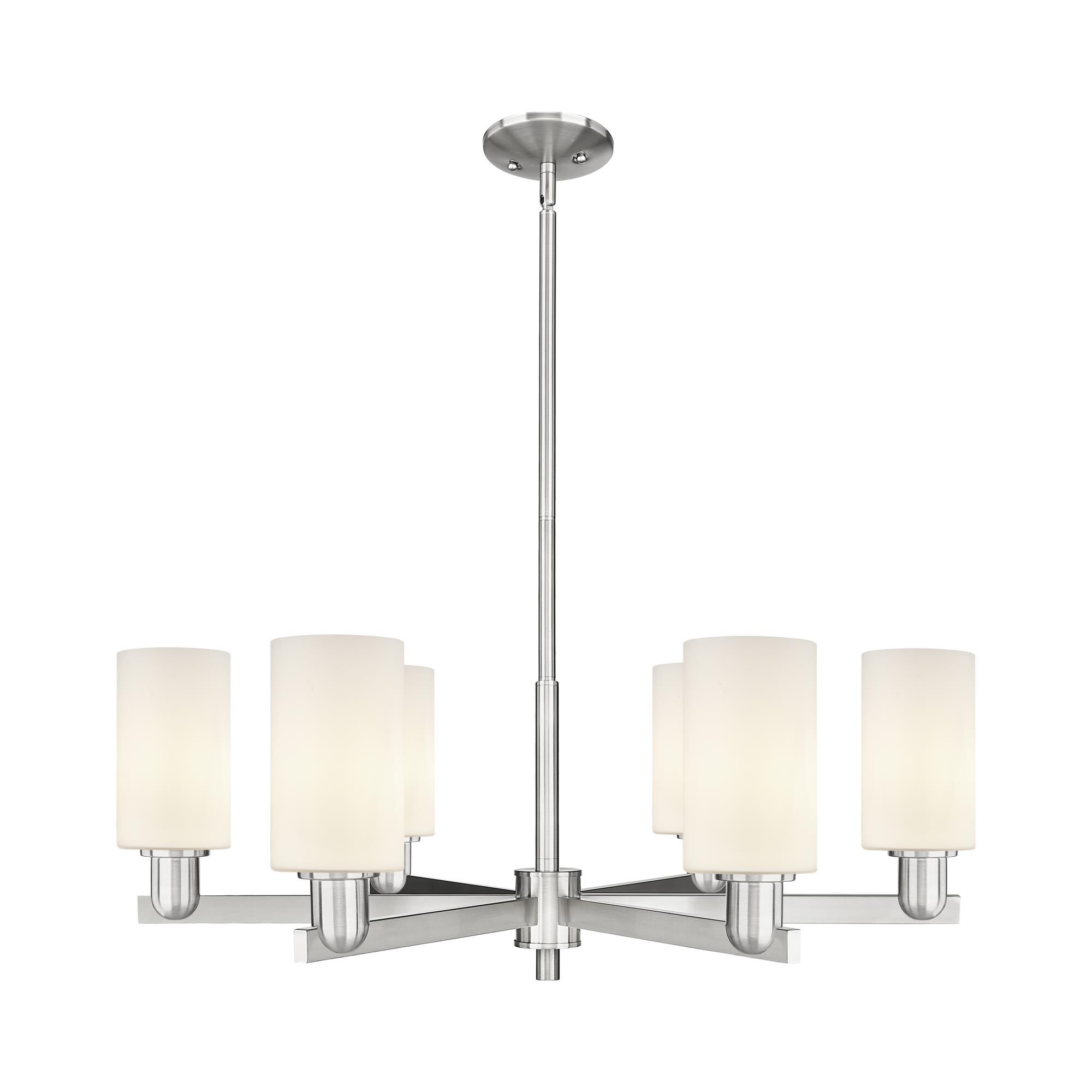 Shown in Satin Nickel finish and Matte White glass