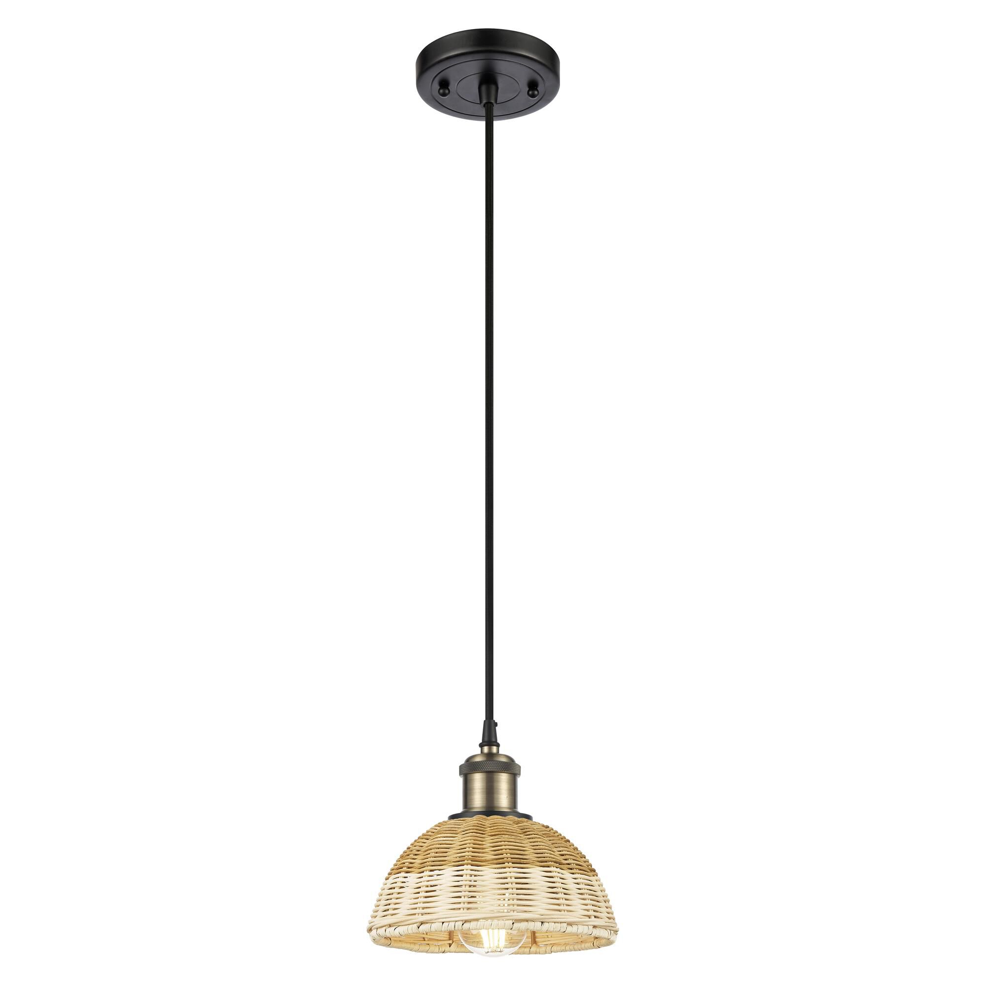 Shown in Black Antique Brass finish and Natural shade