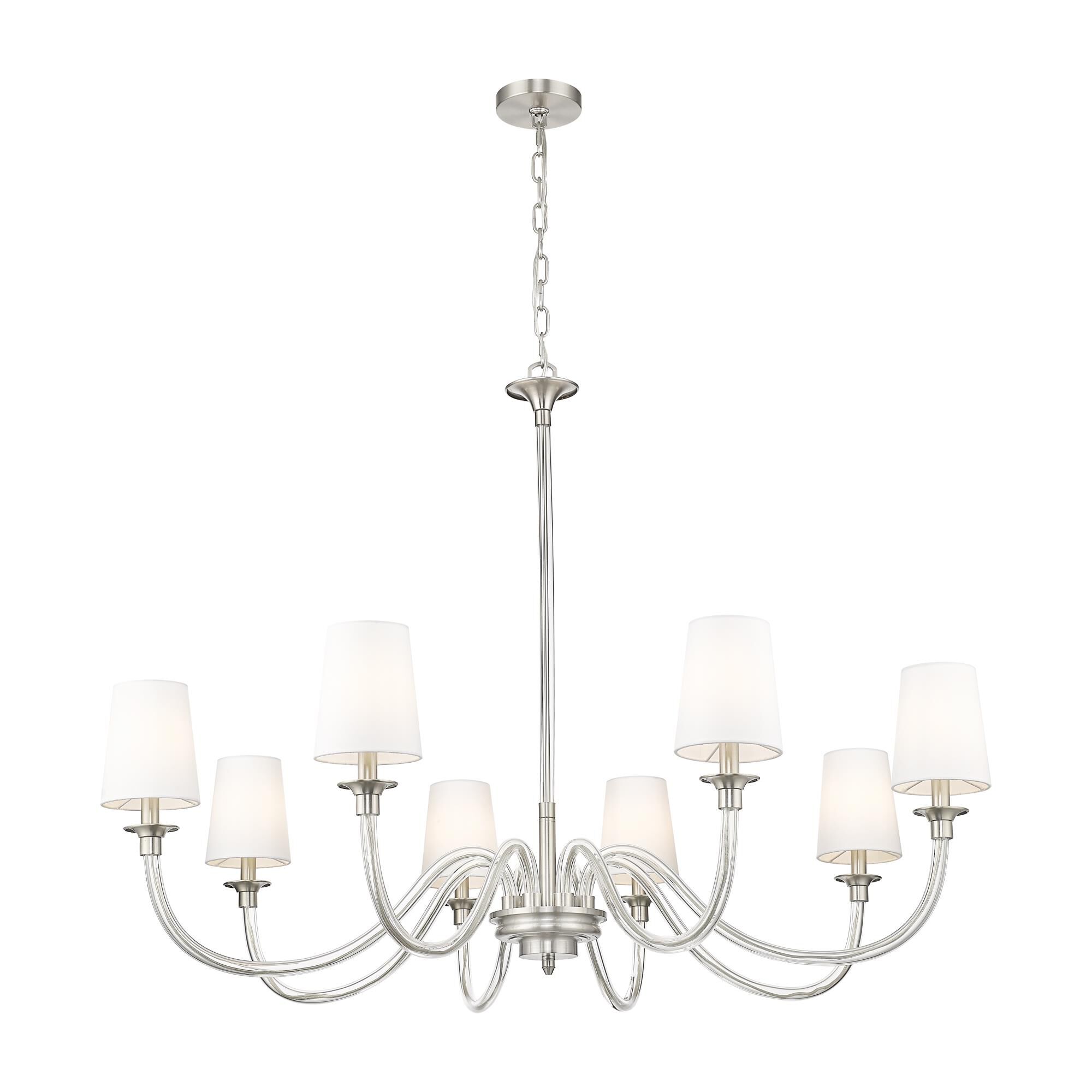 Shown in Brushed Nickel finish and White glass and White shade