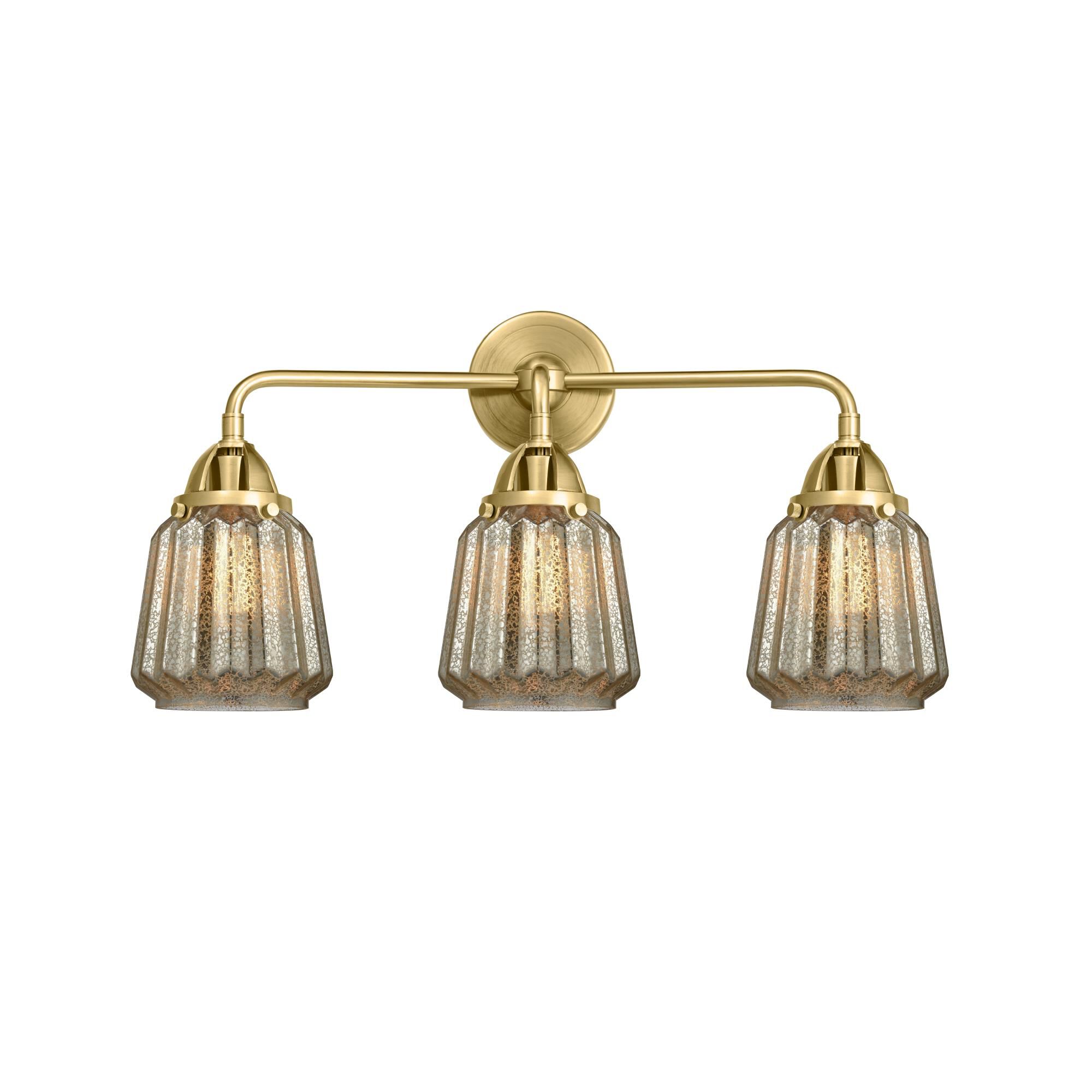 Shown in Satin Gold finish and Mercury Plated Chatham glass and No Shade shade