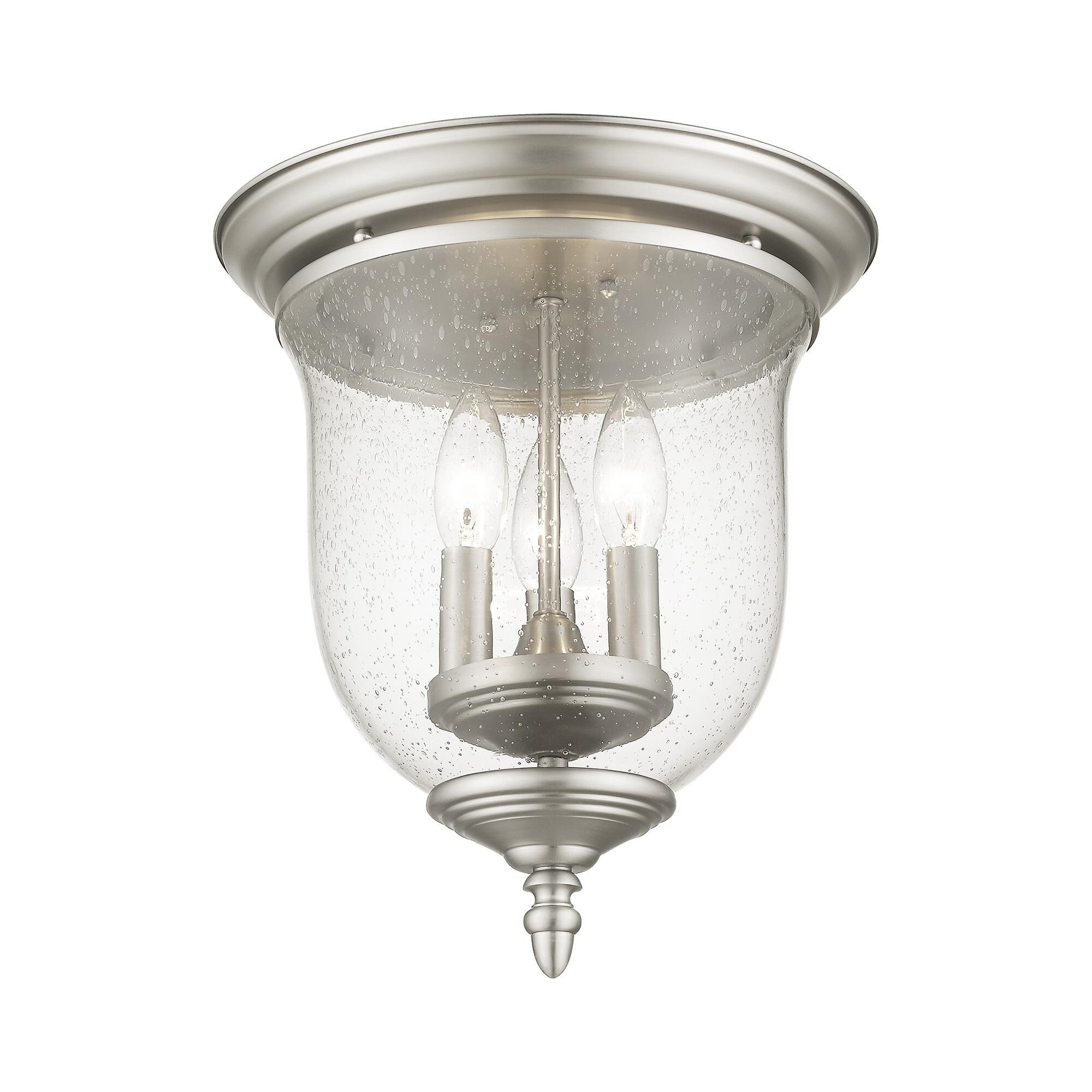 Shown in Brushed Nickel finish and Hand Blown Clear Seeded glass