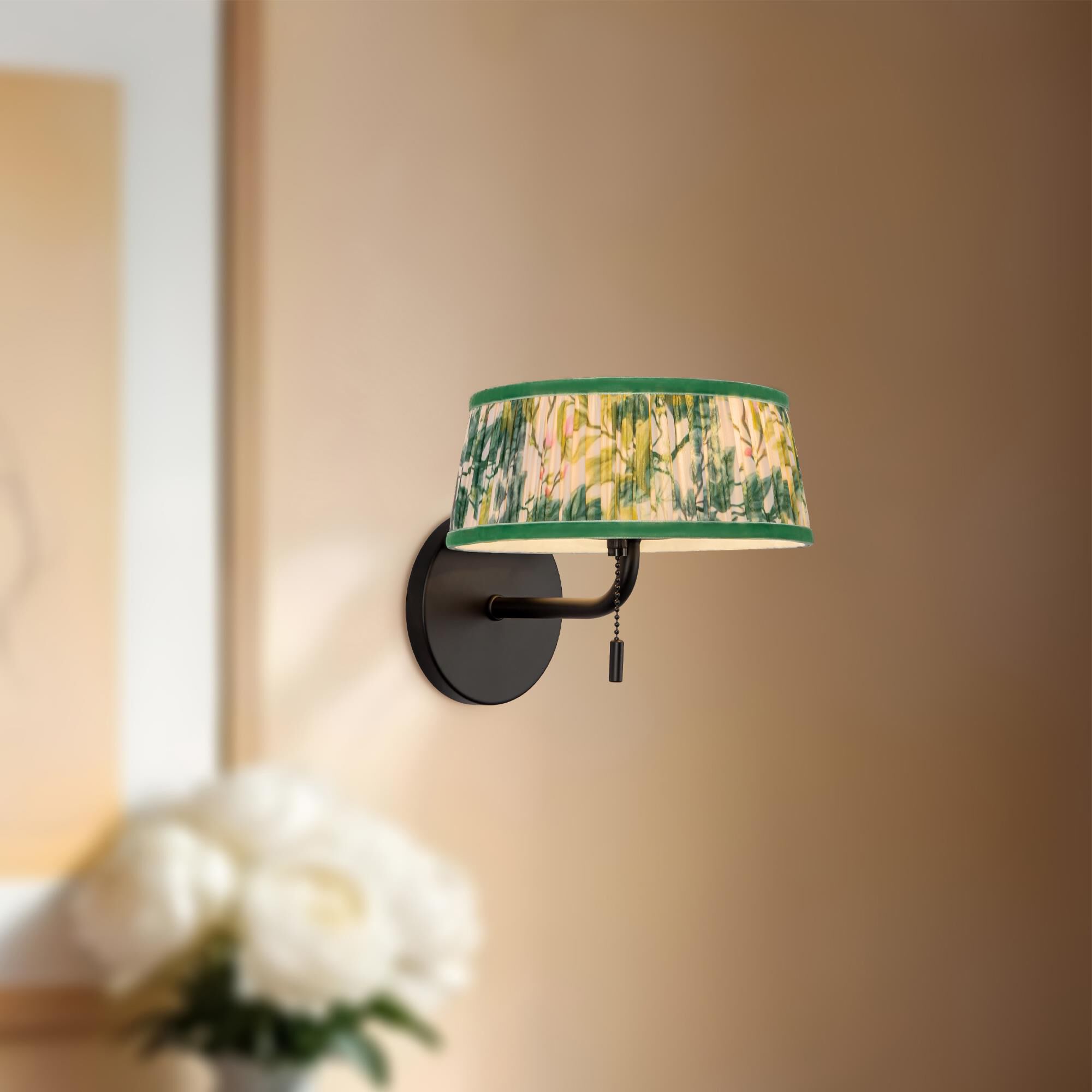 Shown in Matte Black finish and Green Linen shade