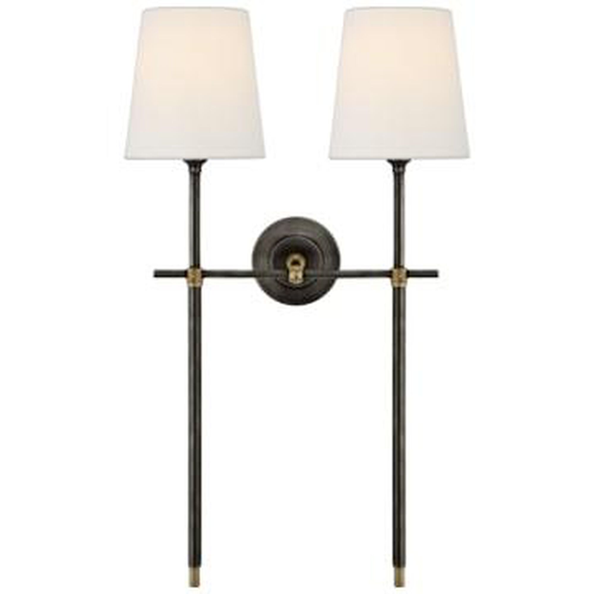 Shown in Bronze and Hand-Rubbed Antique Brass finish and Linen shade
