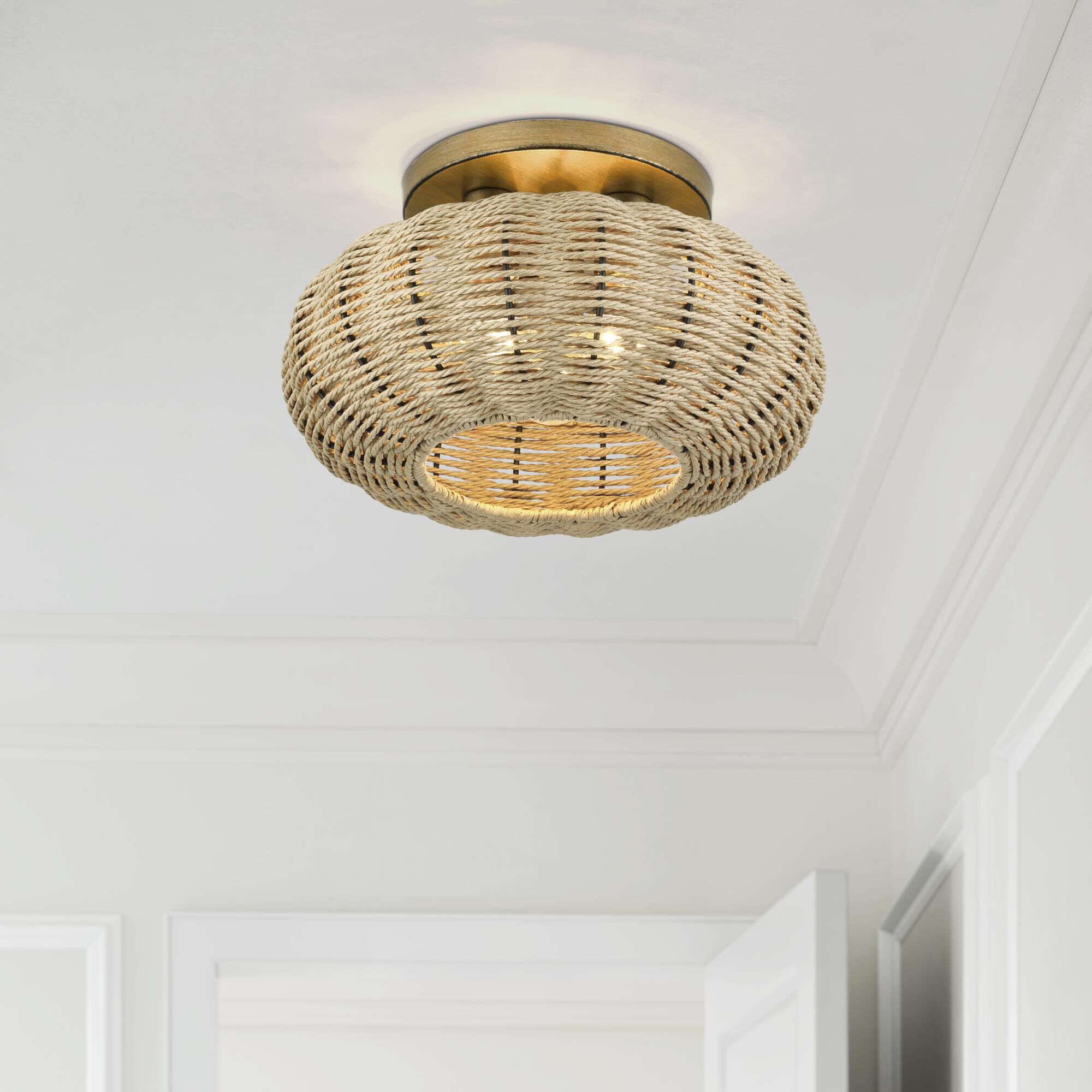 Shown in Antique Gold Leaf finish and Hand-Woven French Beige Paper Rope shade