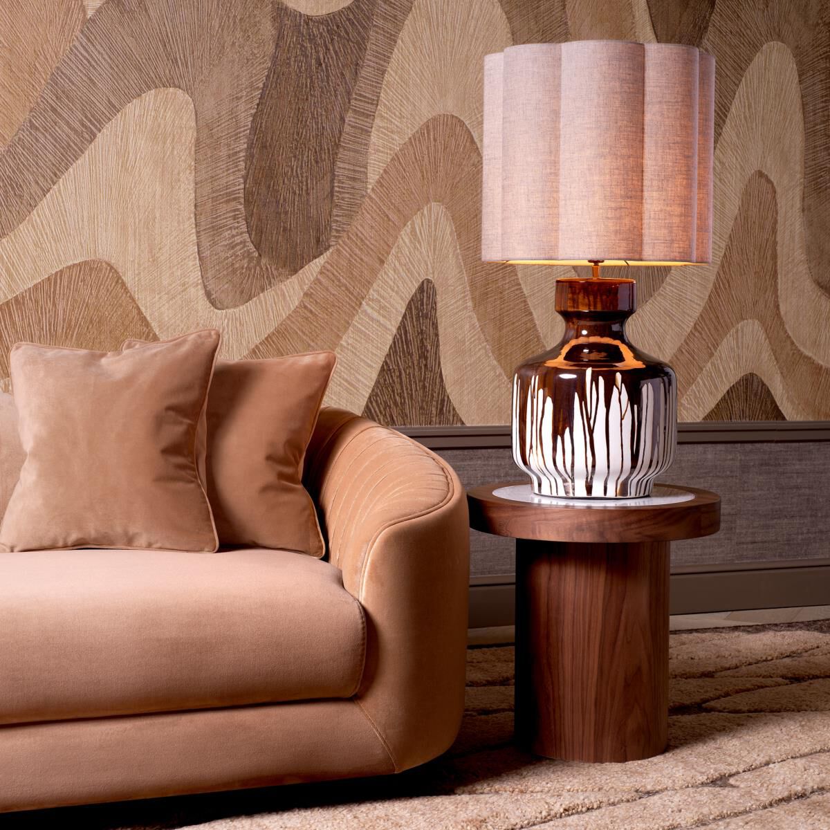 Shown in Walnut Veneer, Bianco Lilac Marble finish