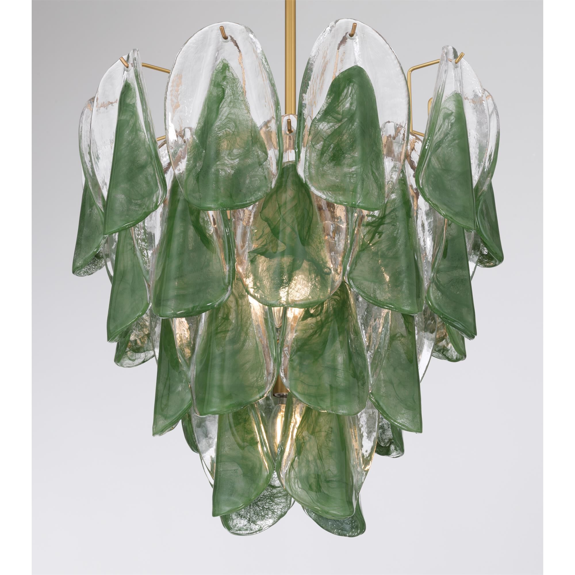 Shown in Legacy Brass finish and Green and Clear Hand-Formed glass