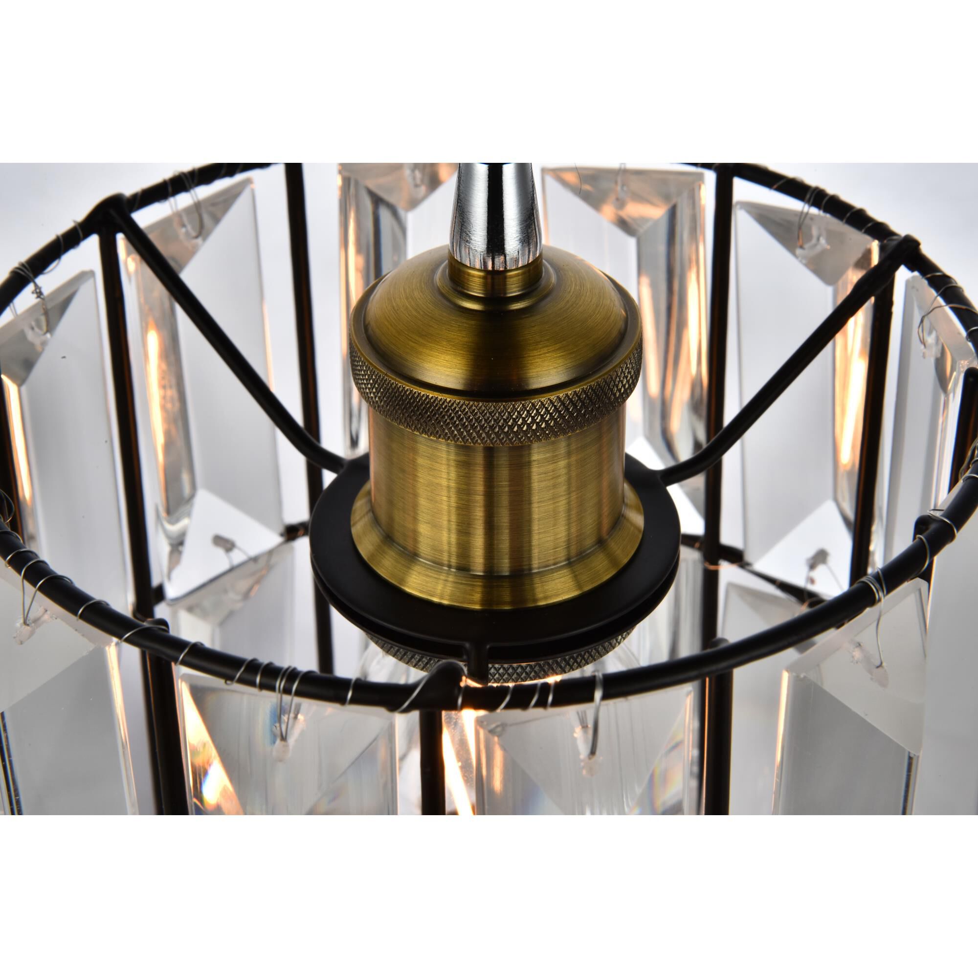 Shown in Oil Rubbed Bronze finish and Clear Royal Cut crystal and Oil Rubbed Bronze Iron shade