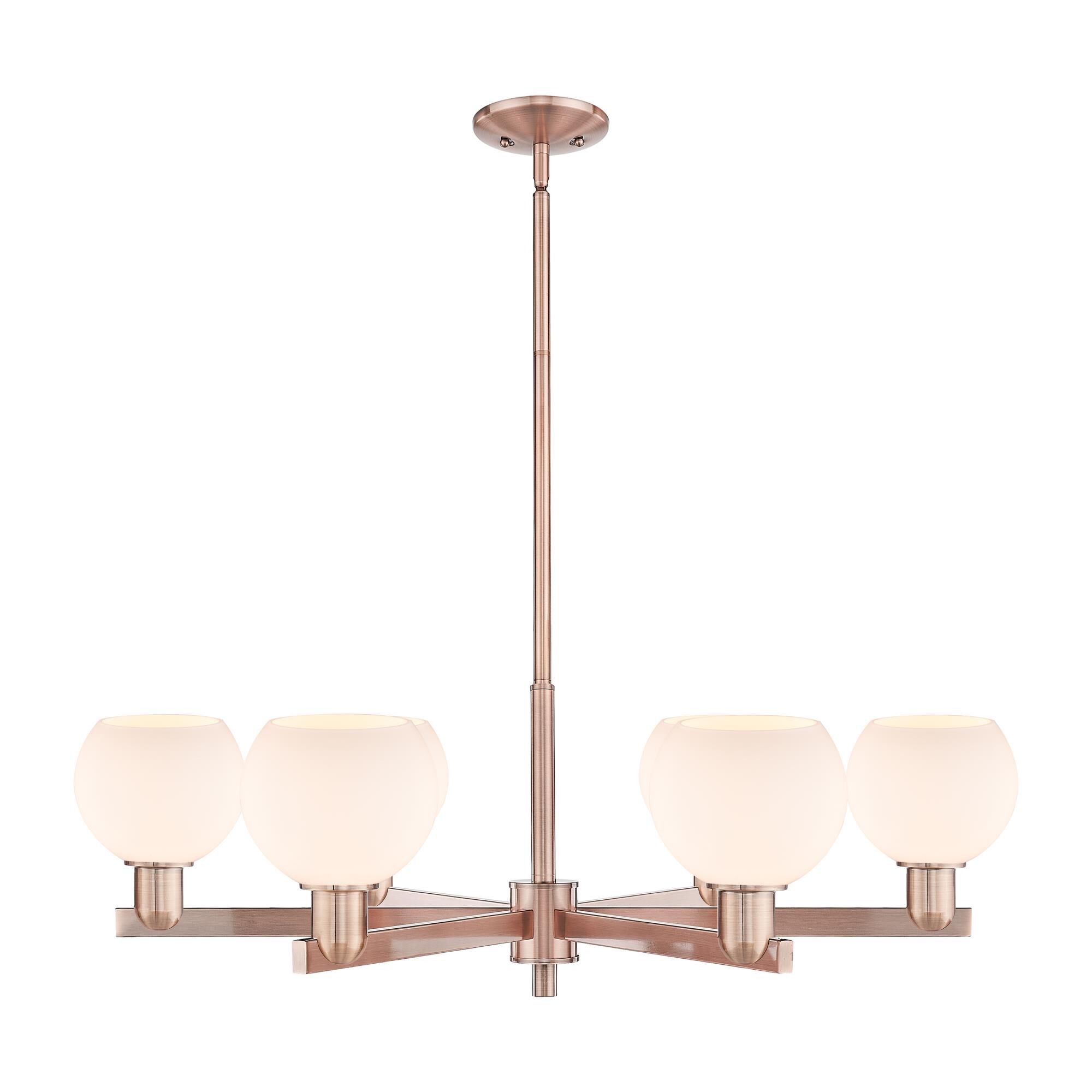 Shown in Antique Copper finish and Matte White glass