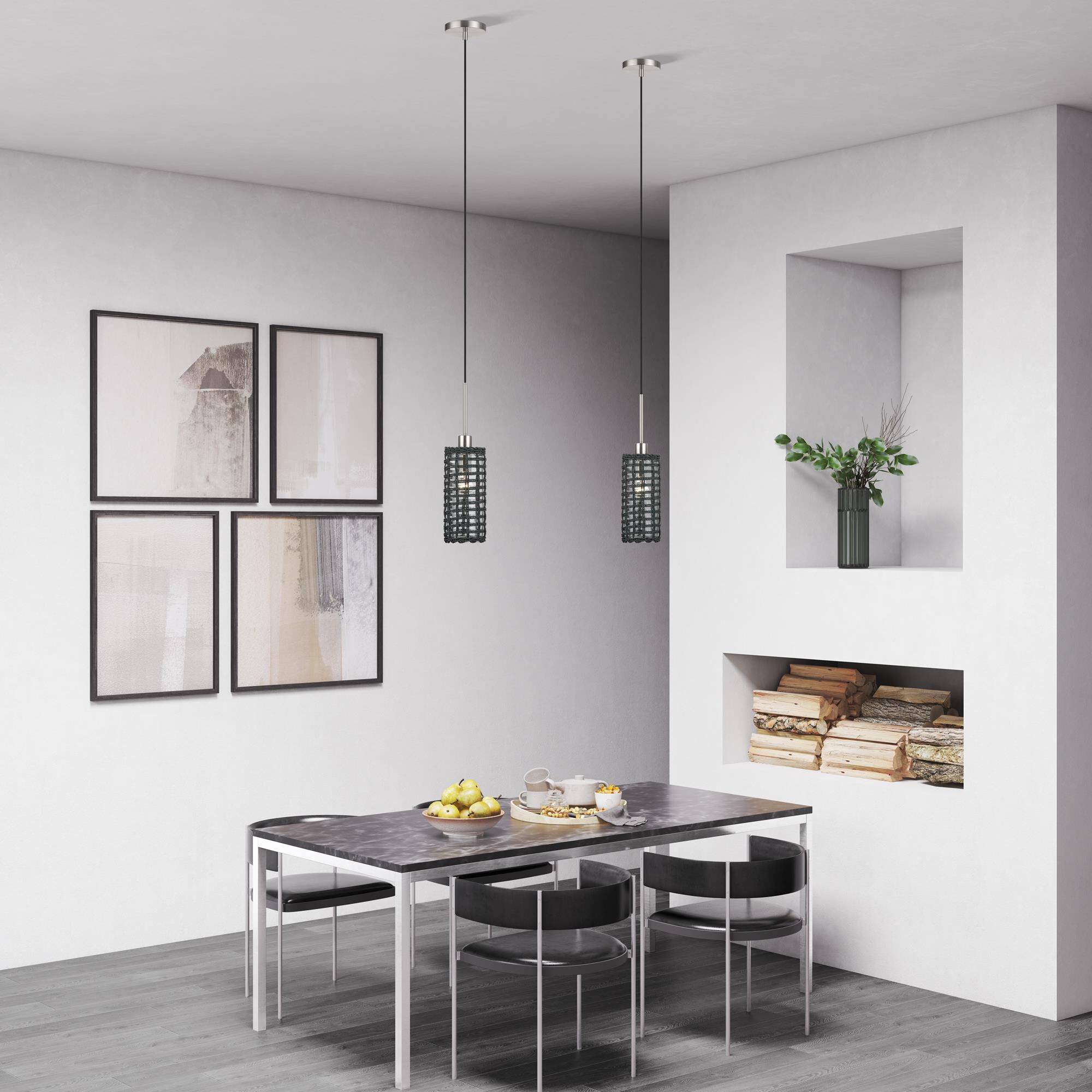 Shown in Brushed Nickel finish and Hand-Woven Midnight Black Color Paper Rope On Top Of Clear shade