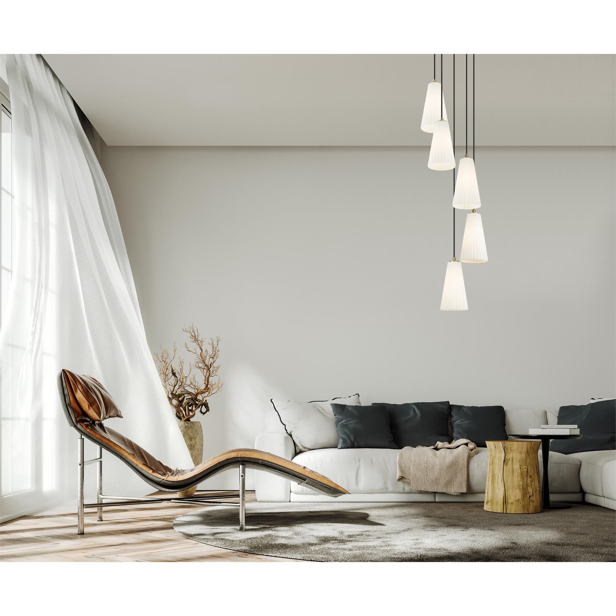 Shown in Modern Gold finish and White glass and White shade