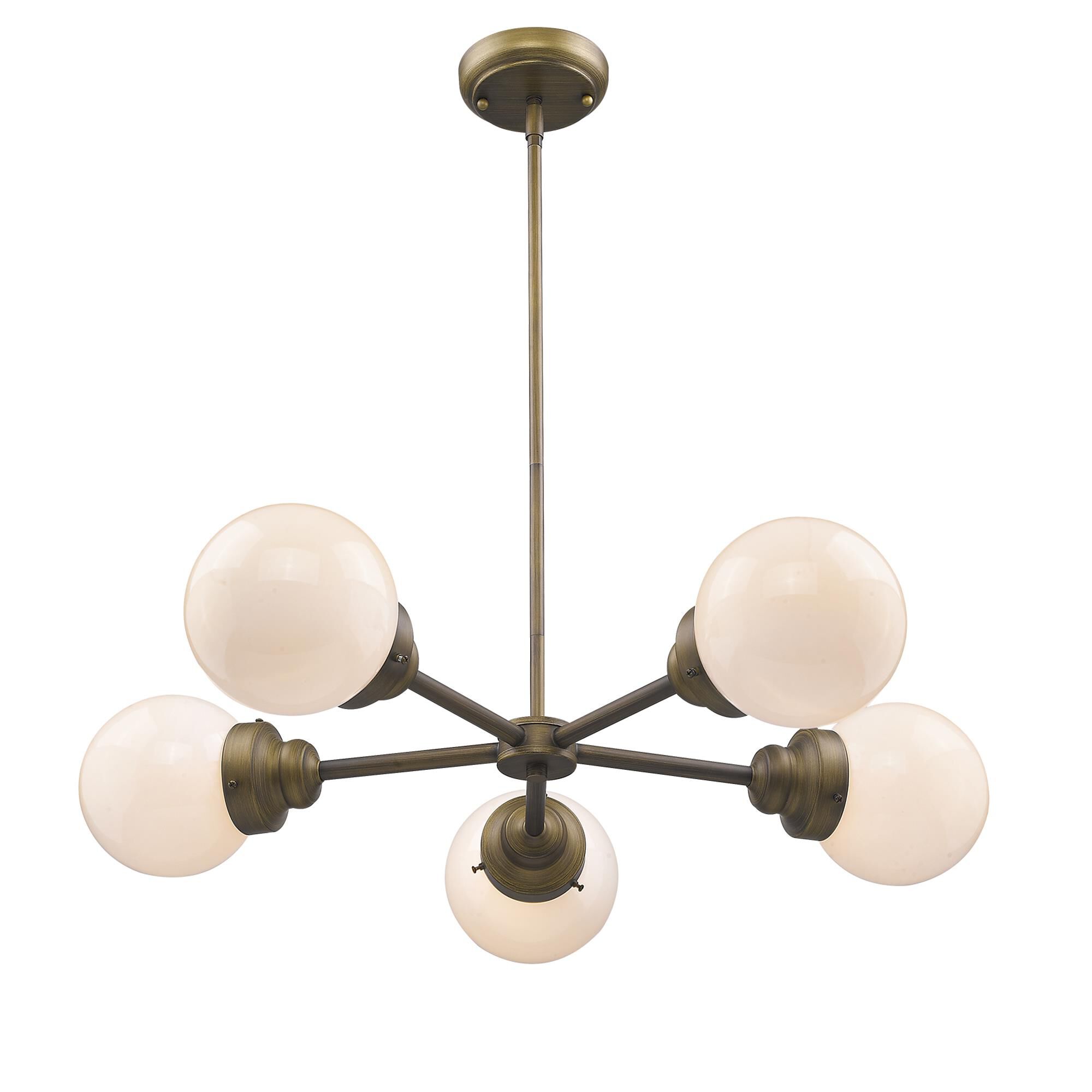 Shown in Raw Brass finish and Opal glass and Opal, Glass Globes shade