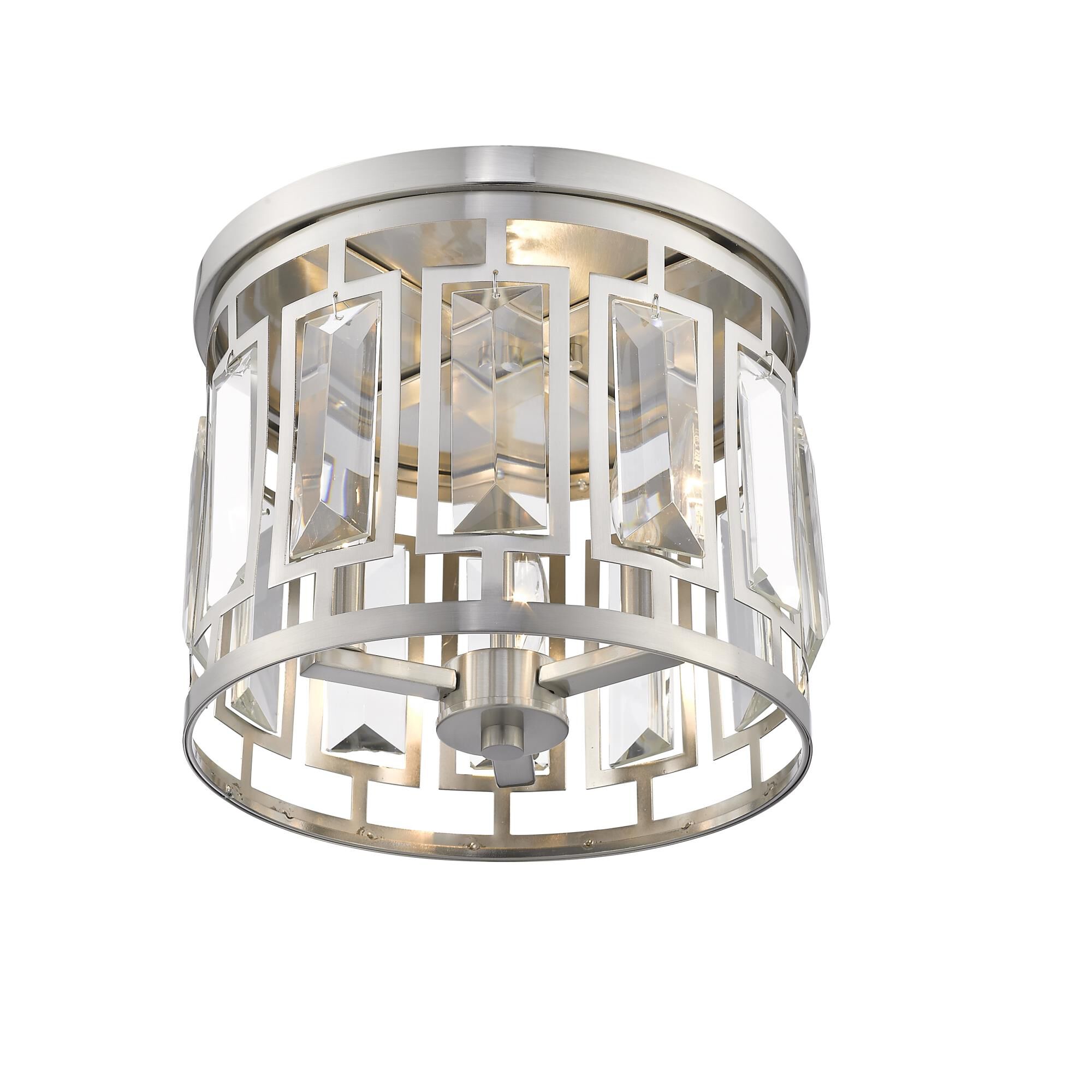 Shown in Brushed Nickel finish and Crystal + Steel glass and Crystal + Steel shade