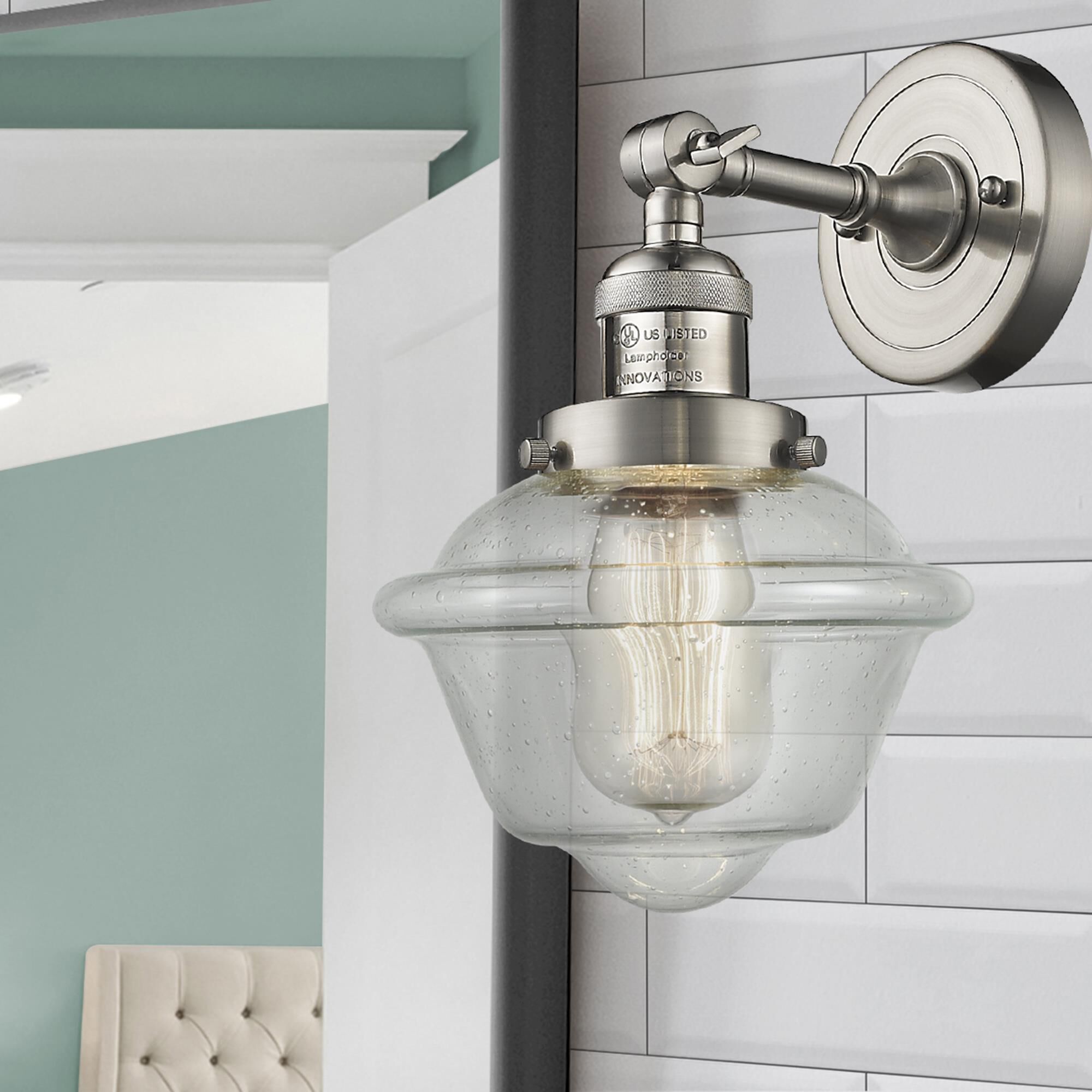 Shown in Brushed Satin Nickel finish and Seedy glass