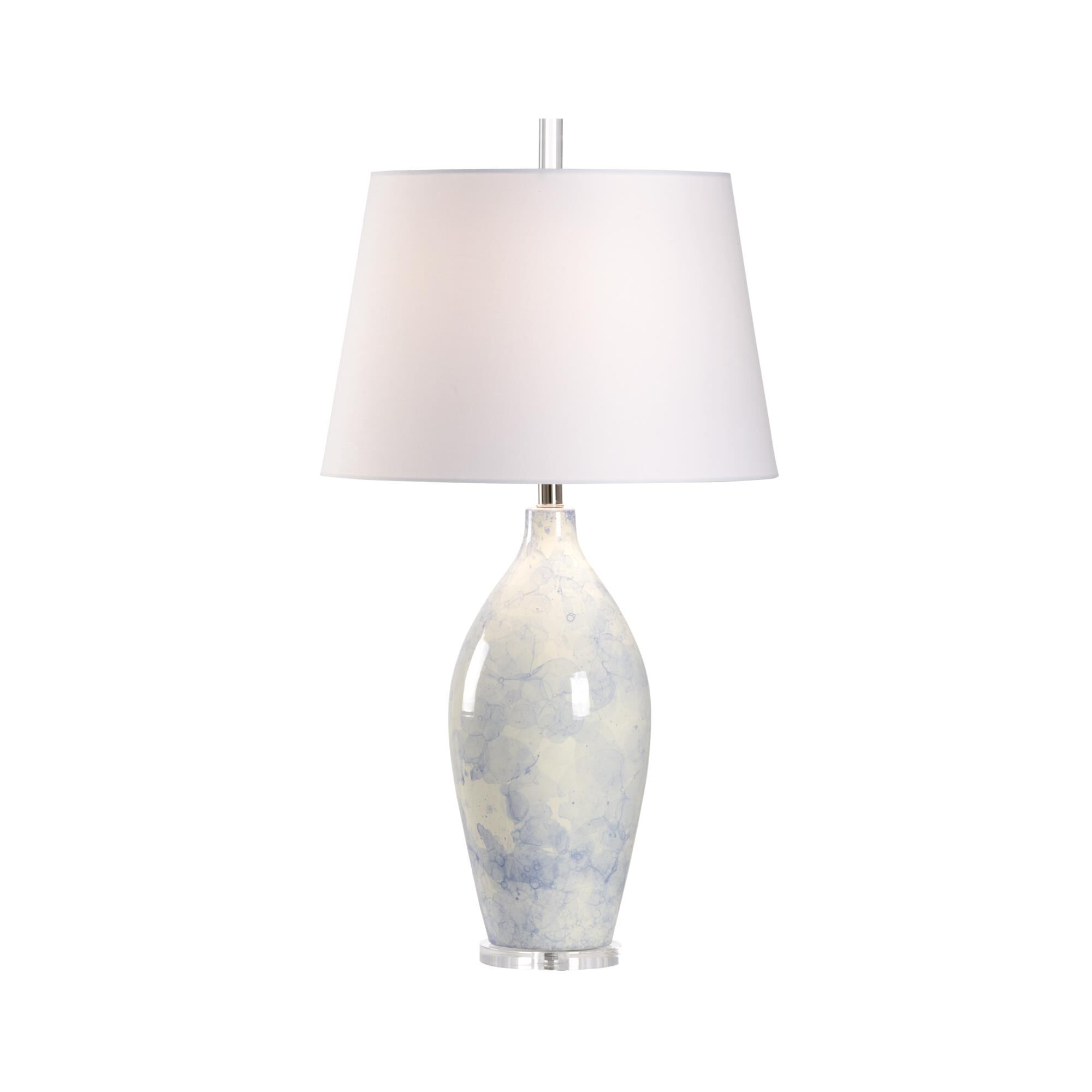 Shown in Blue Bubble Water Glaze and Clear finish and White Linen shade
