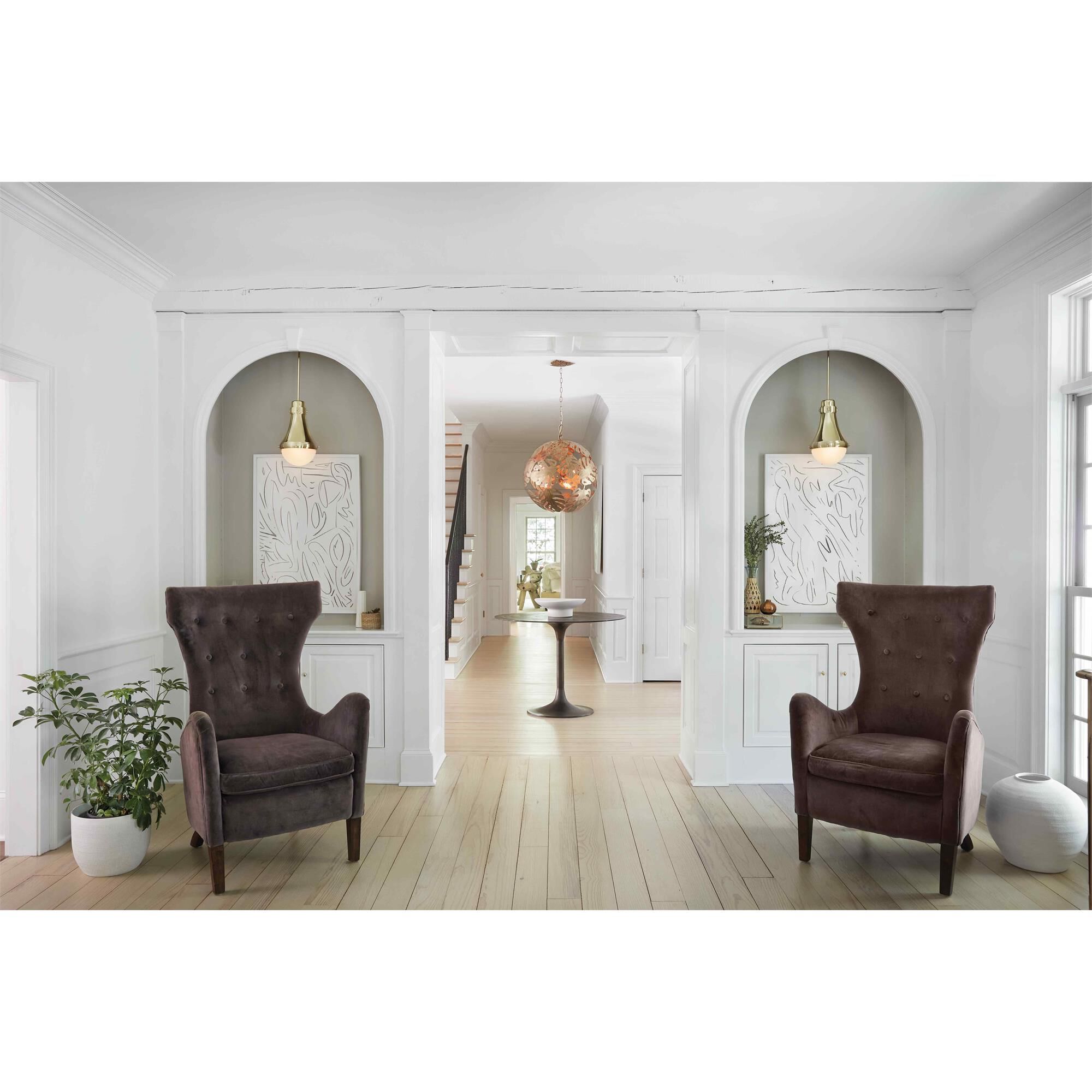 Shown in Bright Brass finish and Etched Opal glass and Bright Brass accent
