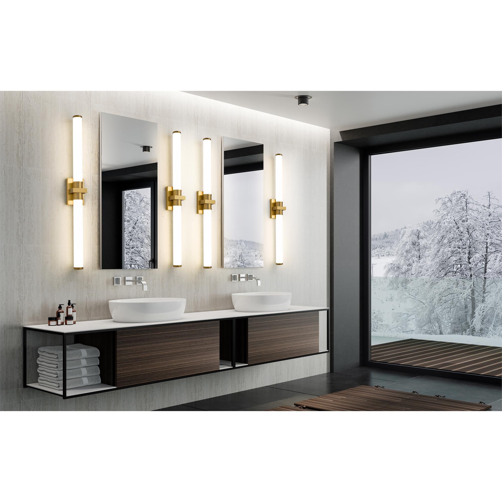 Shown in Modern Gold finish and Opal White glass and Opal White shade