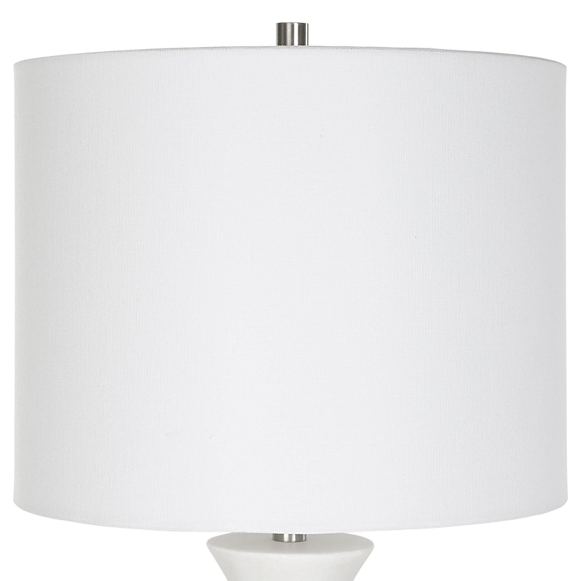 Shown in Showcasing A Classic Trumpet Shape, This Buffet Lamp Is Handcrafted From Granulated White Marble Tha finish and Round Hardback Drum shade