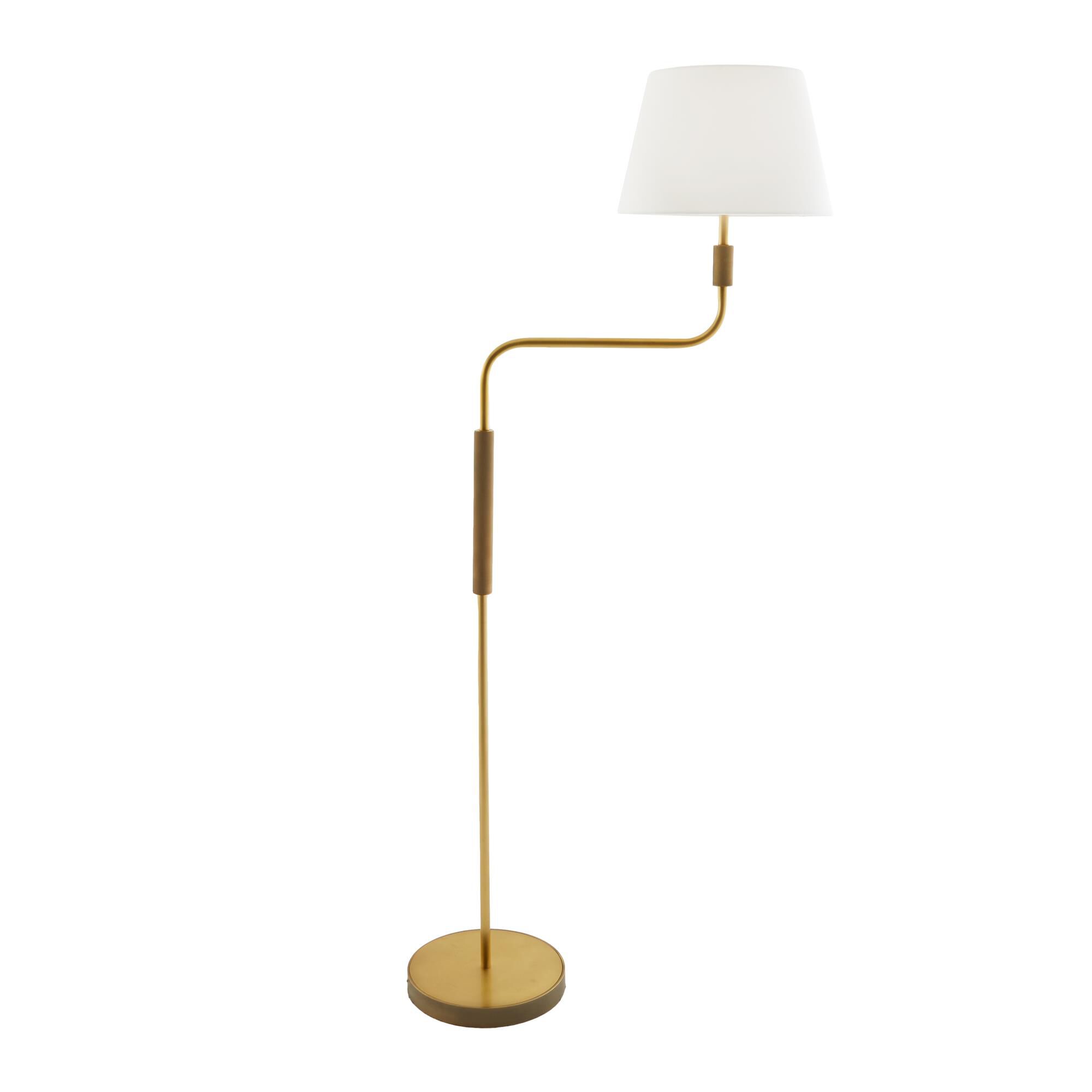 Shown in Antique Brass finish and Linen shade