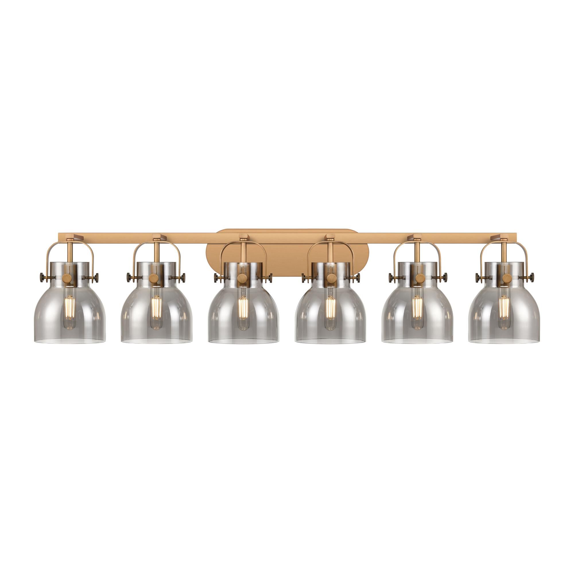 Shown in Brushed Brass finish and Plated Smoke glass and Plated Smoke Glass shade